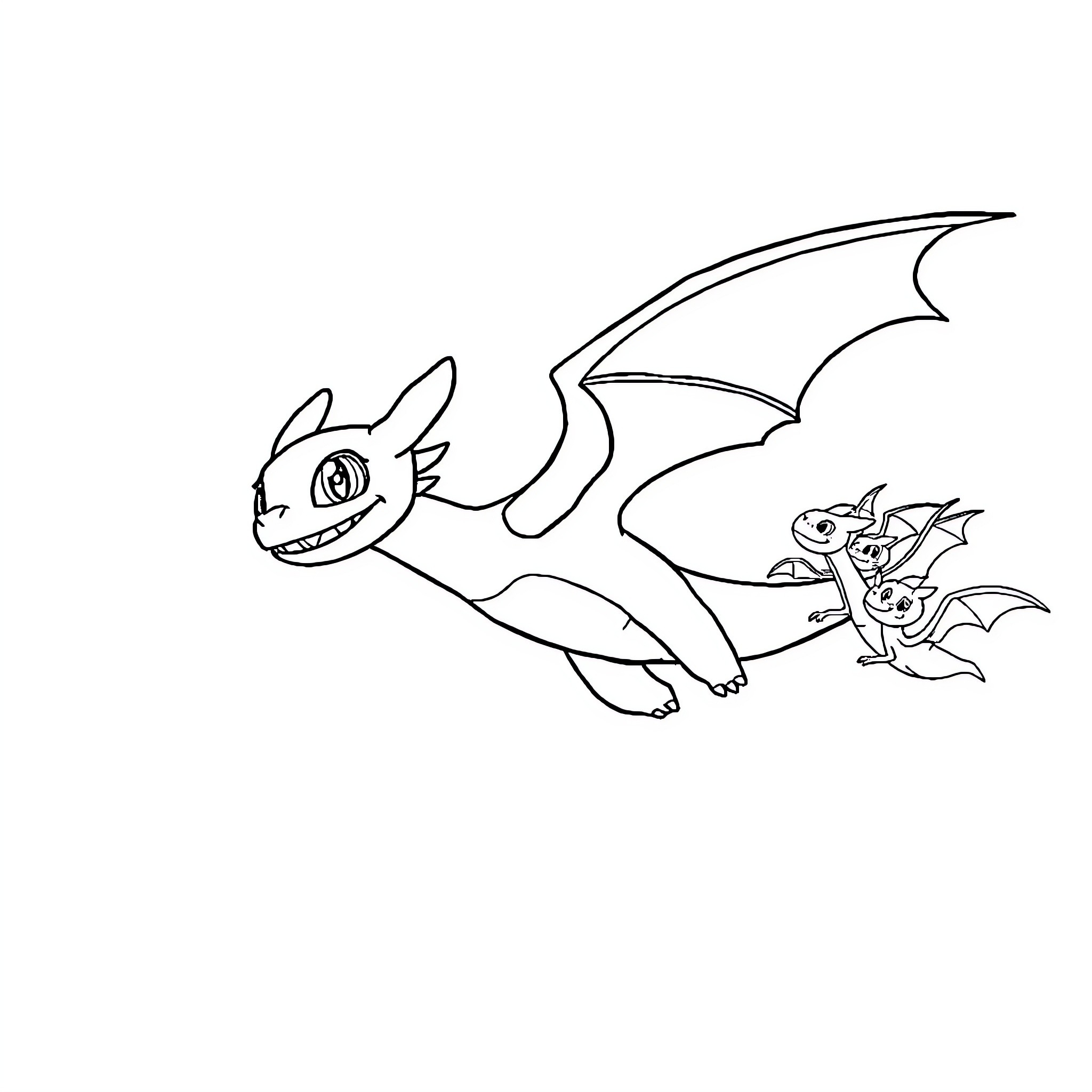 Toothless and dragons in flight Coloring Page (free black-and-white line drawing printable PDF for all, from beginners to advanced learners, including children, teens, adults, and seniors)