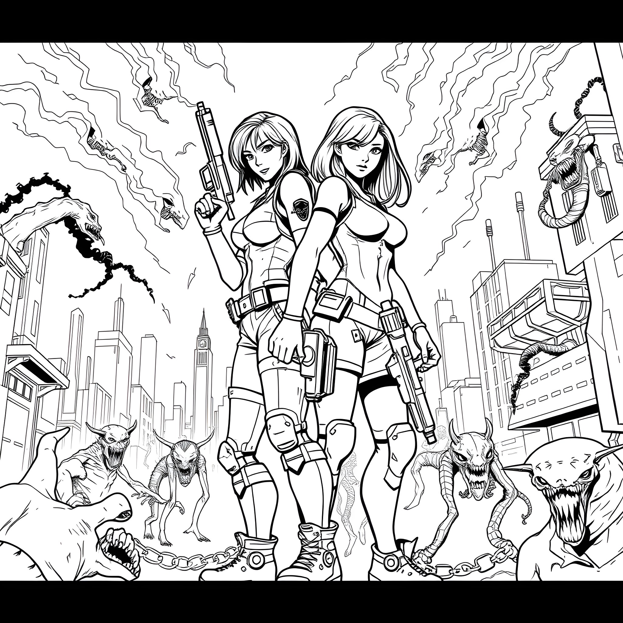 Clair Redfield and Ada Wong in Action-Packed Urban Confrontation Coloring Page (free black-and-white line drawing printable PDF for all, from beginners to advanced learners, including children, teens, adults, and seniors)