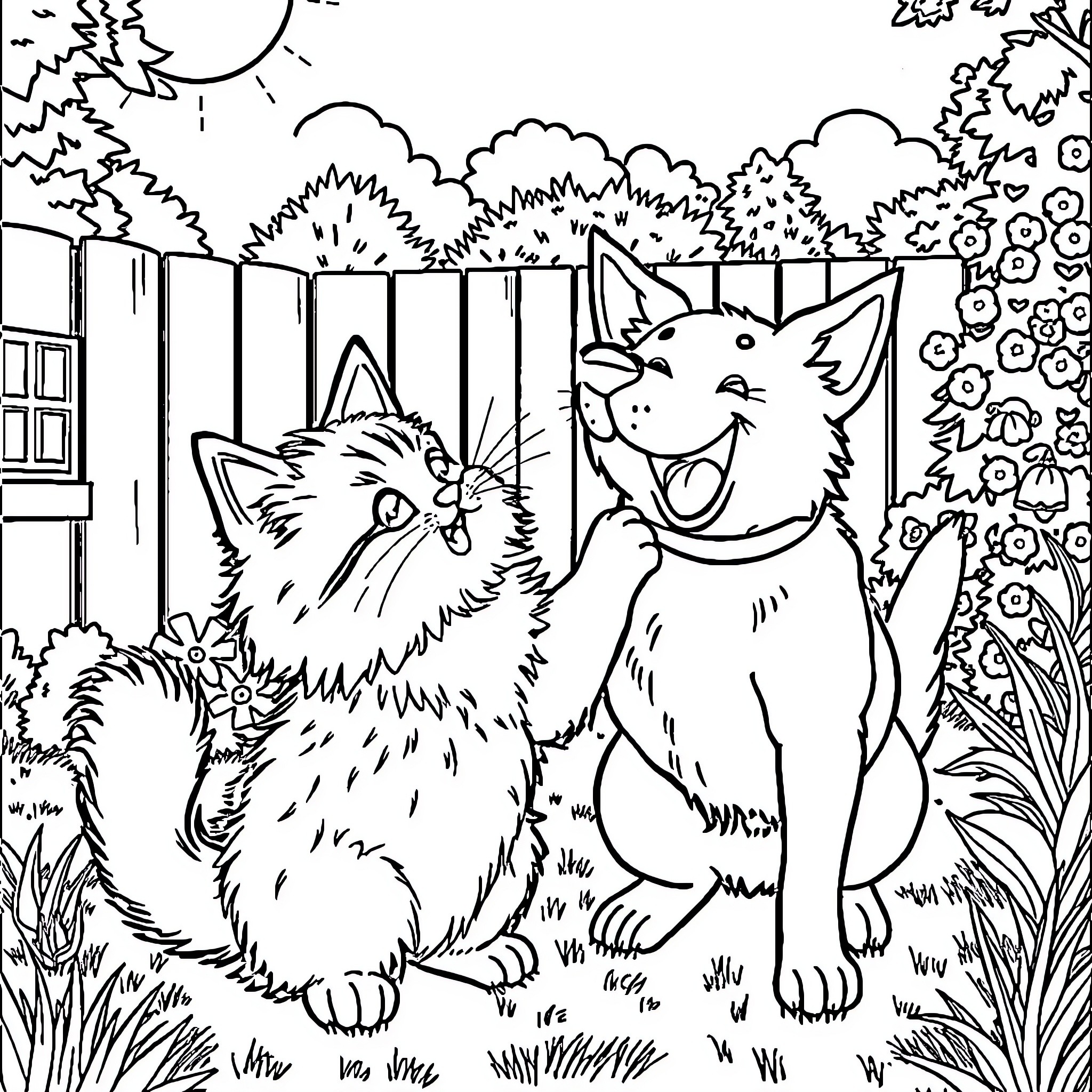Cats playing together in the yard Coloring Page (free black-and-white line drawing printable PDF for all, from beginners to advanced learners, including children, teens, adults, and seniors)