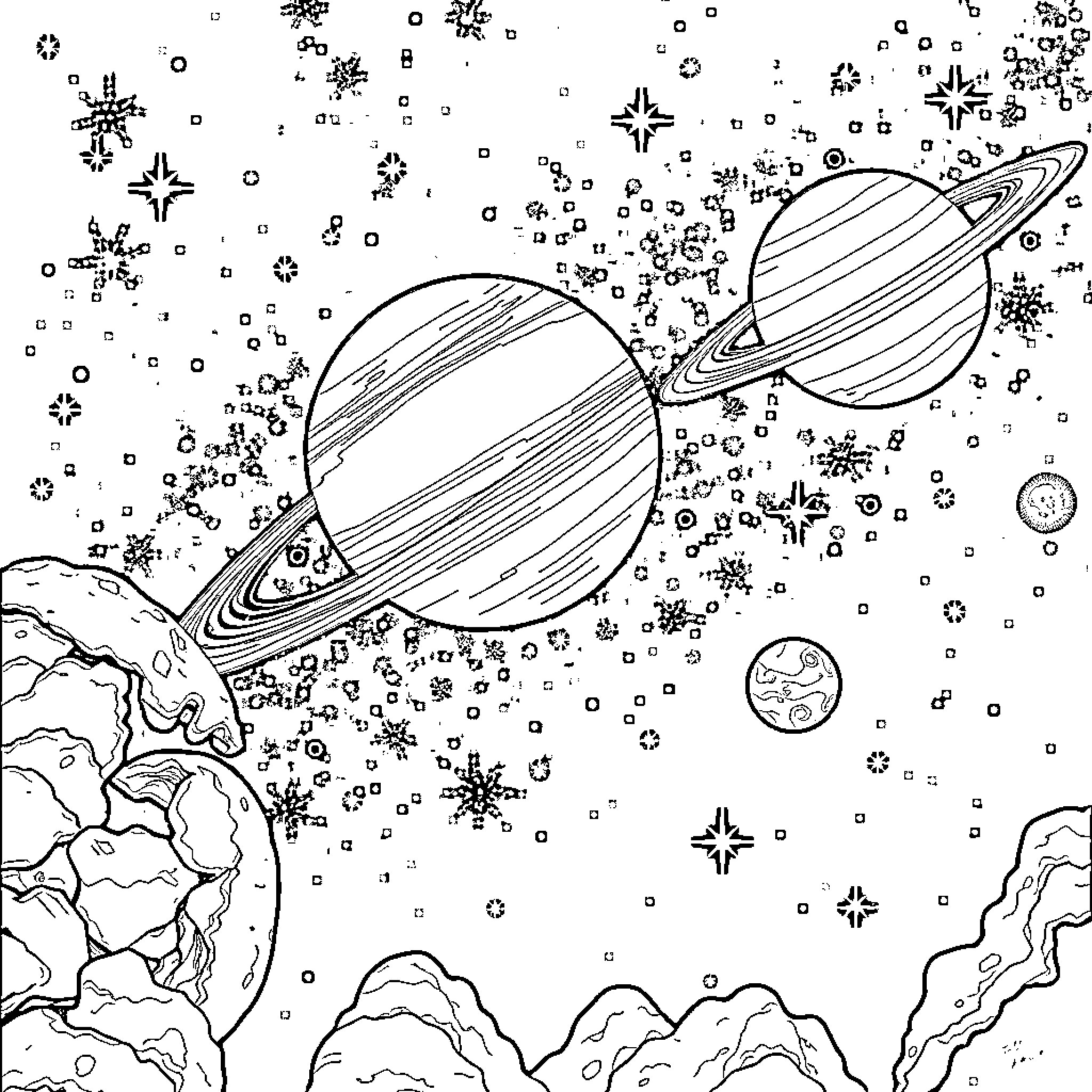 Space scene with planets and celestial elements Coloring Page (free black-and-white line drawing printable PDF for all, from beginners to advanced learners, including children, teens, adults, and seniors)