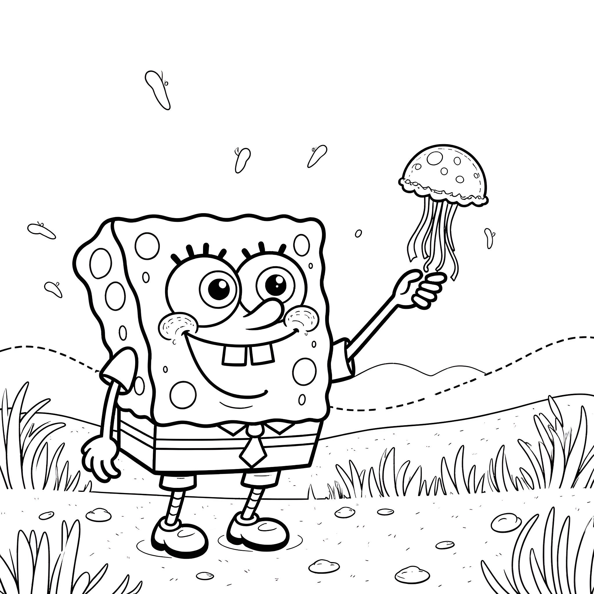 Spongebob holding a jellyfish on a field Coloring Page (free black-and-white line drawing printable PDF for all, from beginners to advanced learners, including children, teens, adults, and seniors)