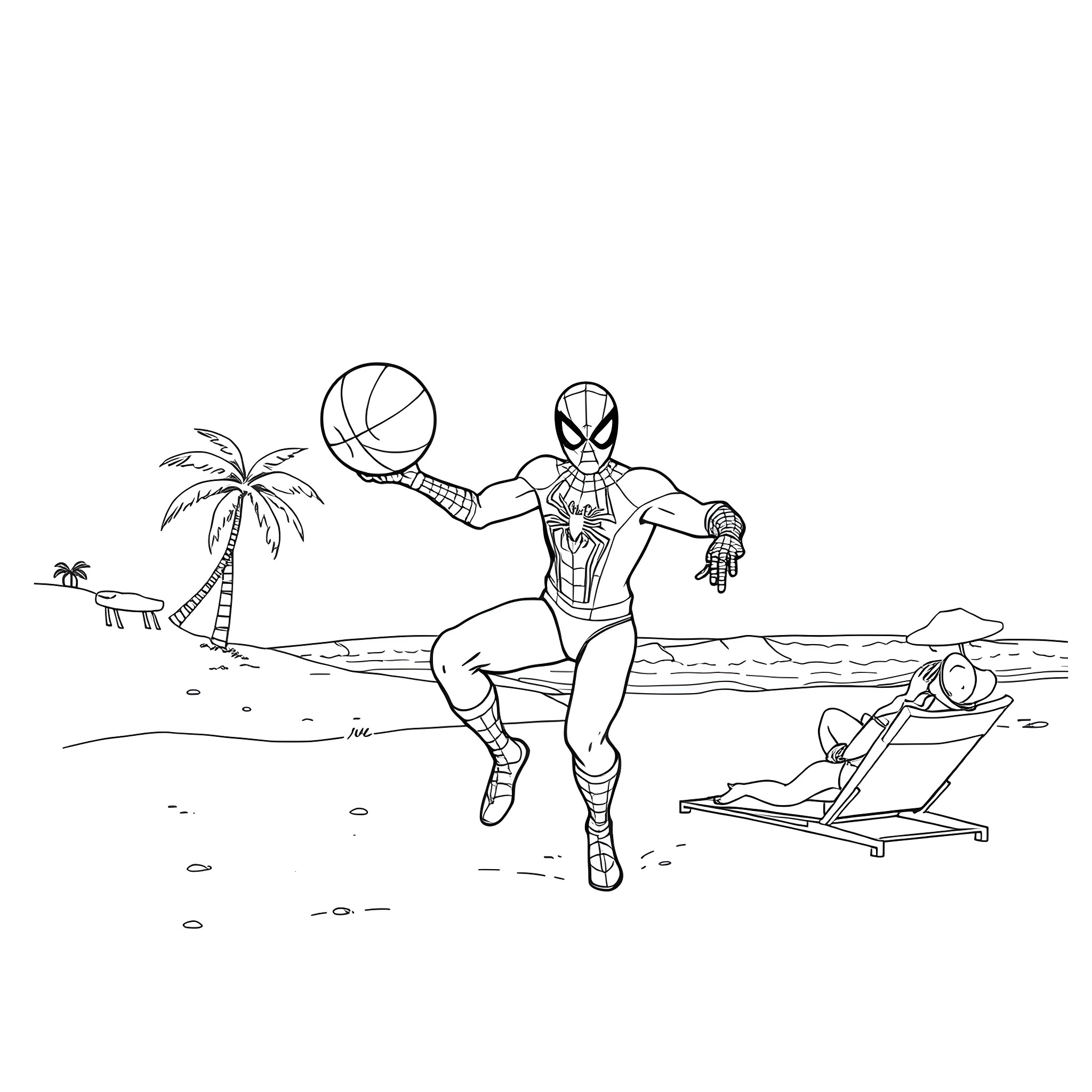 Spiderman playing basketball on the beach Coloring Page (free black-and-white line drawing printable PDF for all, from beginners to advanced learners, including children, teens, adults, and seniors)