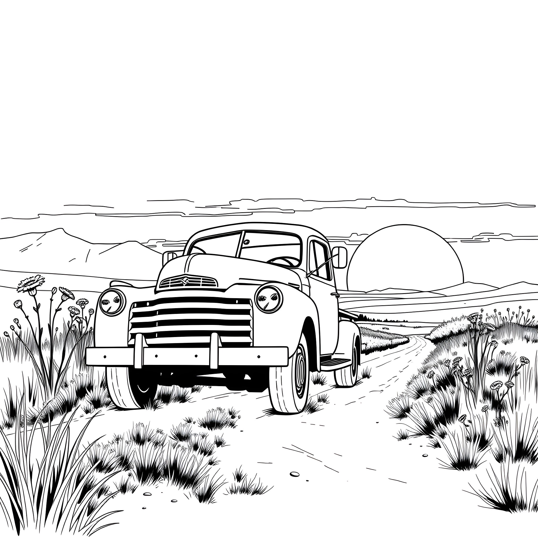 Truck in Arid Landscape with Sunset Coloring Page (free black-and-white line drawing printable PDF for all, from beginners to advanced learners, including children, teens, adults, and seniors)