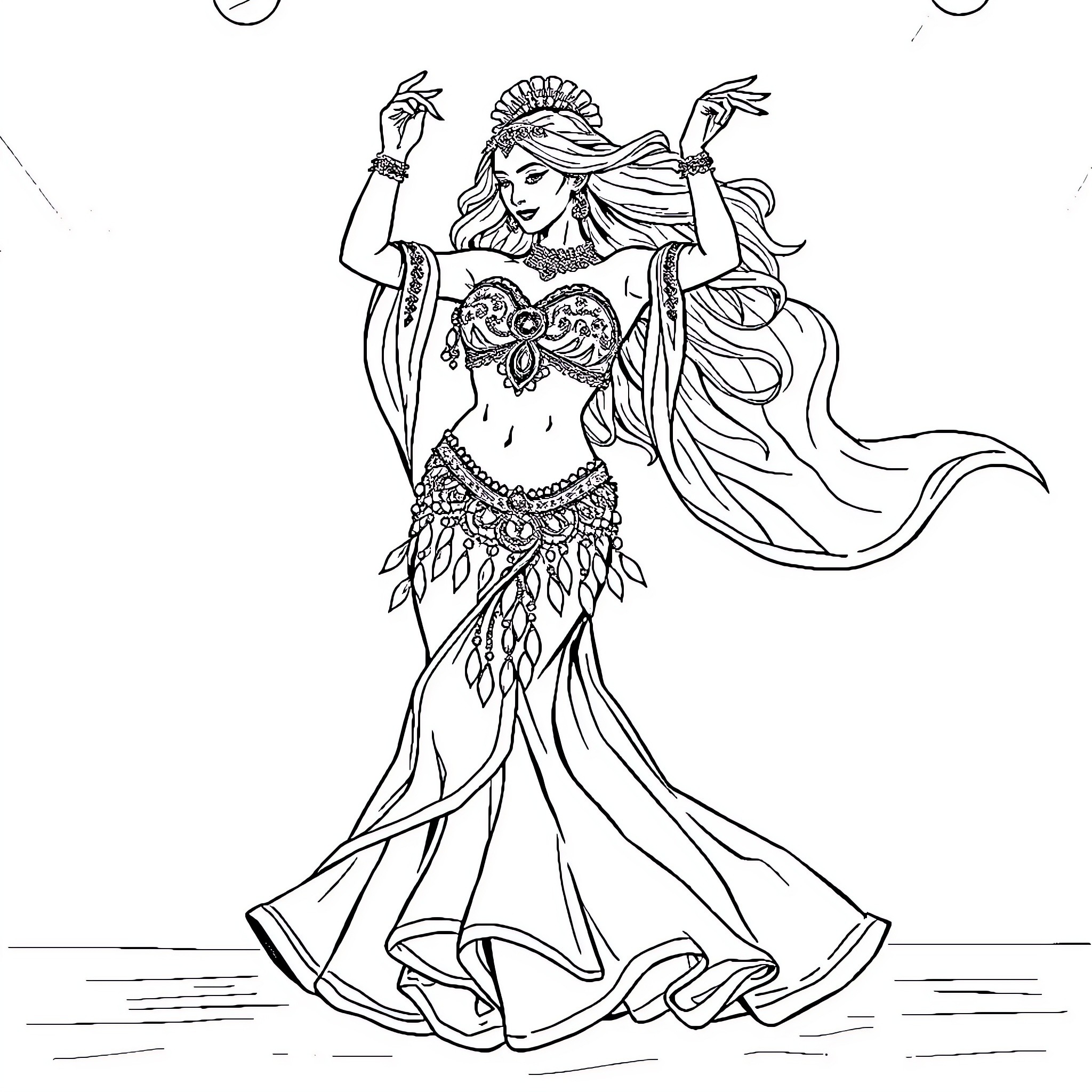 Bellydance - Graceful Dancer in Elegant Costume Coloring Page (free black-and-white line drawing printable PDF for all, from beginners to advanced learners, including children, teens, adults, and seniors)
