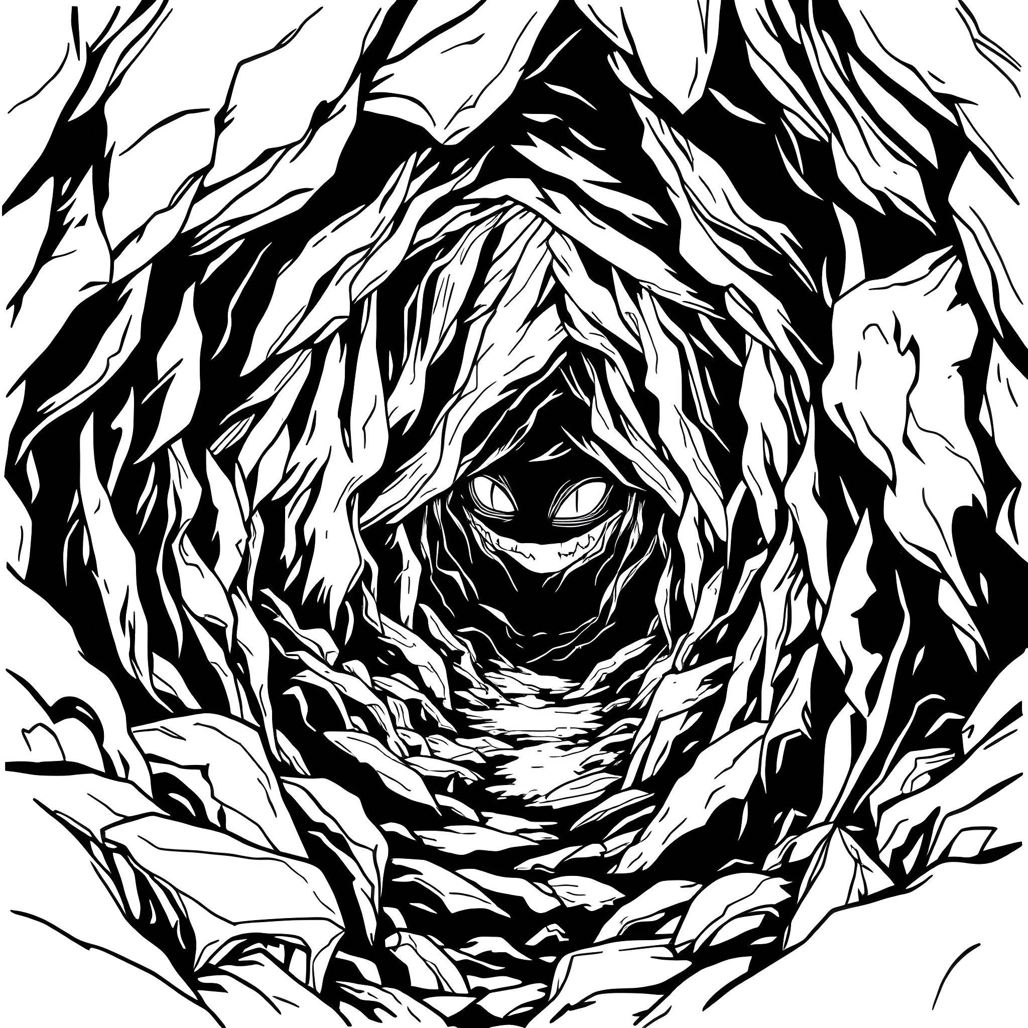 Cave of Darkness and Mystery Coloring Page (free black-and-white line drawing printable PDF for all, from beginners to advanced learners, including children, teens, adults, and seniors)