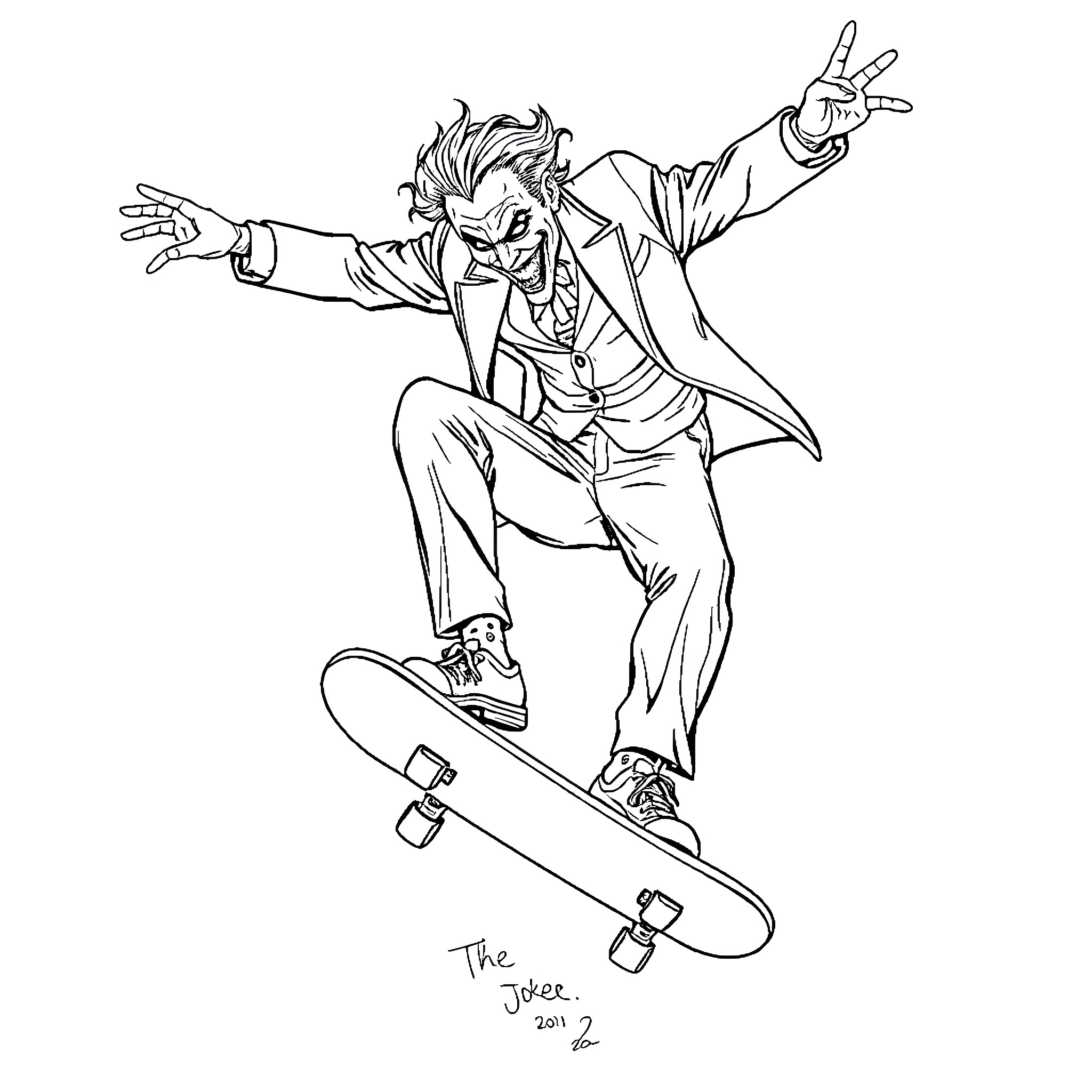 Joker riding a skateboard with wild expression Coloring Page (free black-and-white line drawing printable PDF for all, from beginners to advanced learners, including children, teens, adults, and seniors)
