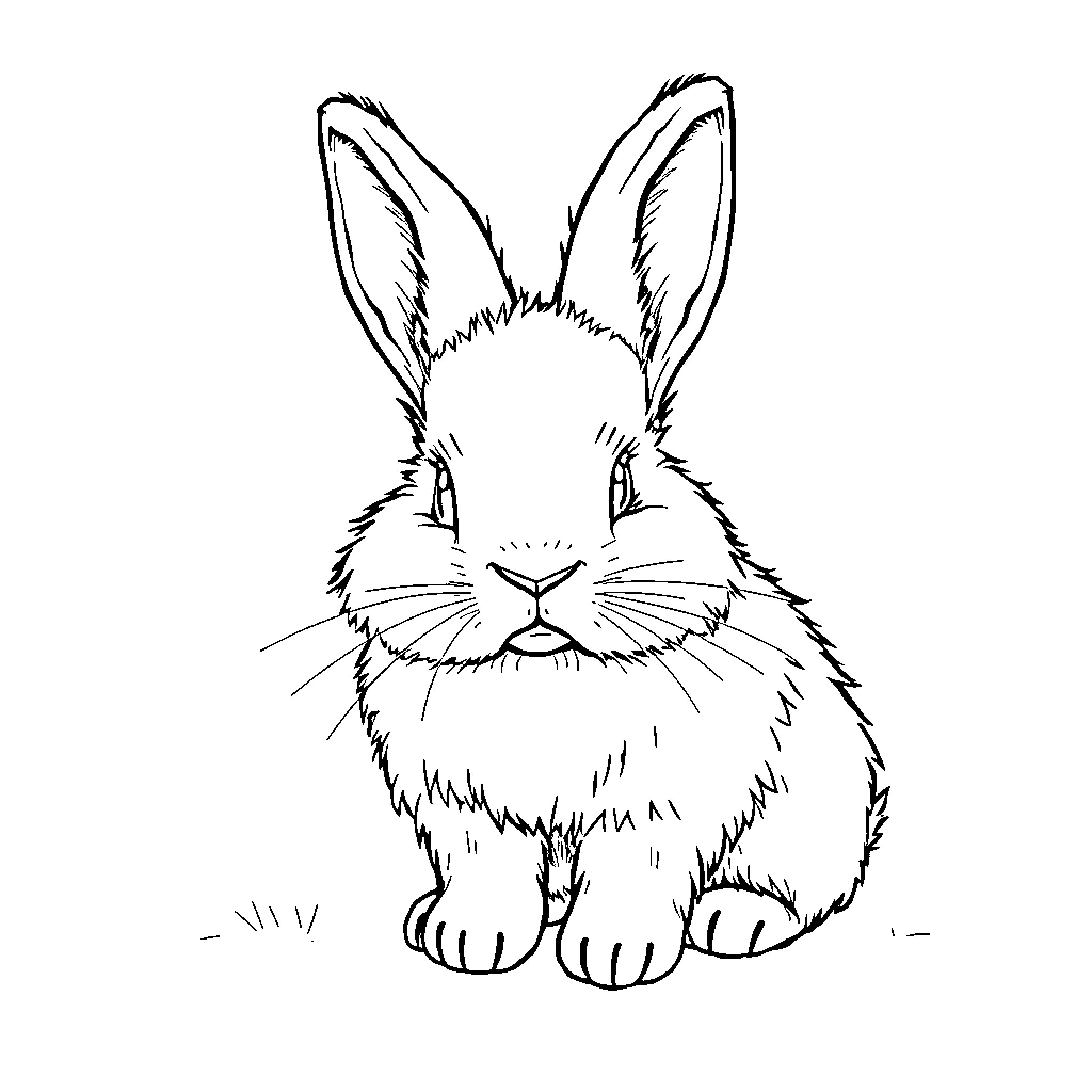 Bunny with fluffy fur sitting calmly Coloring Page (free black-and-white line drawing printable PDF for all, from beginners to advanced learners, including children, teens, adults, and seniors)