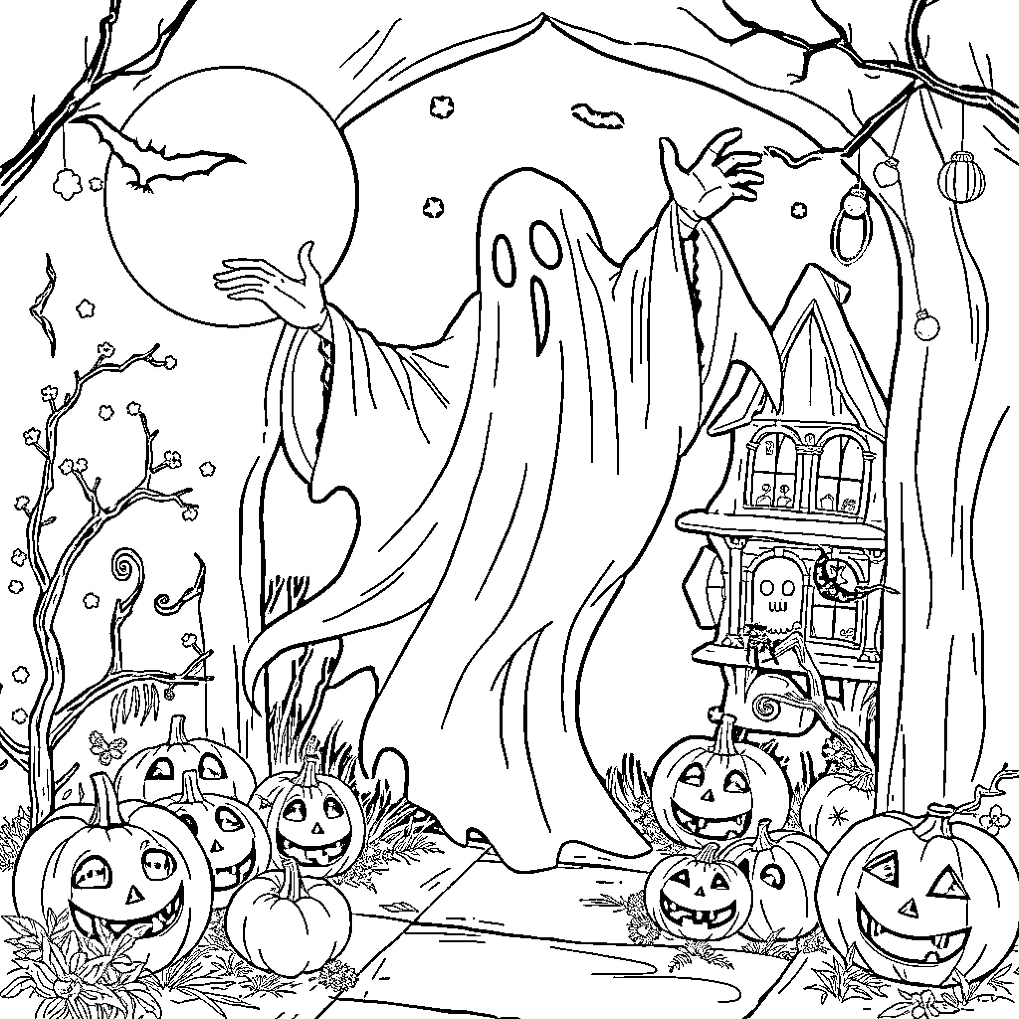 Ghost Figures in Haunted Halloween Landscape Coloring Page (free black-and-white line drawing printable PDF for all, from beginners to advanced learners, including children, teens, adults, and seniors)