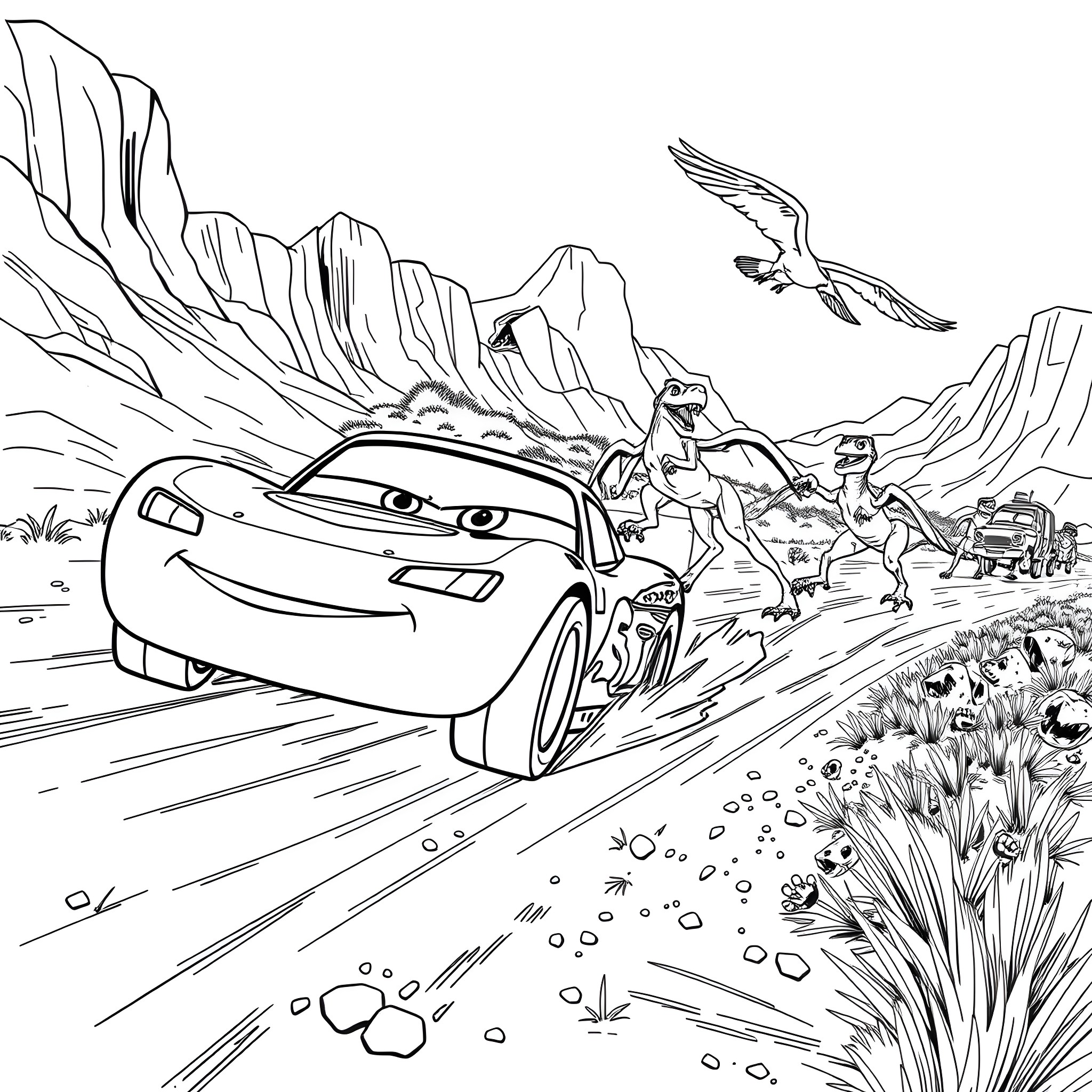 Lightning McQueen's Desert Adventure Coloring Page (free black-and-white line drawing printable PDF for all, from beginners to advanced learners, including children, teens, adults, and seniors)