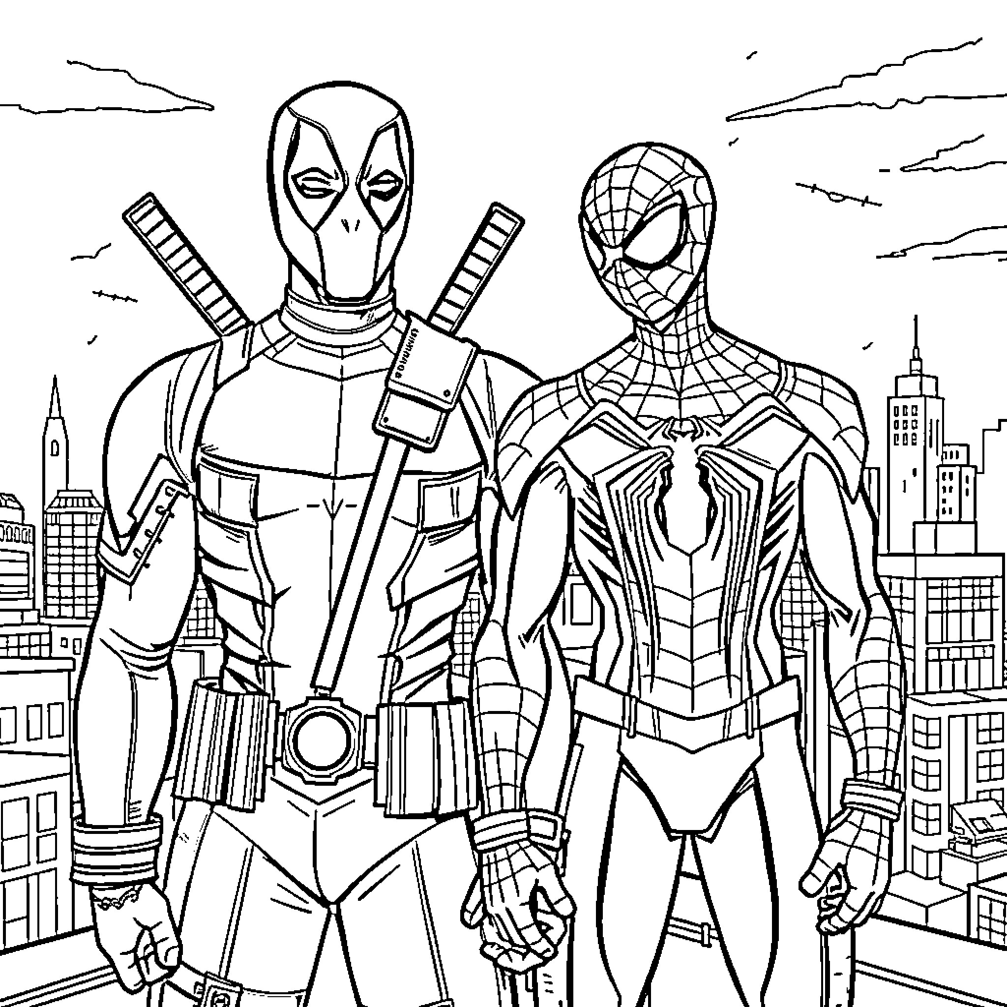 Deadpool and Spider-Man team up in the city Coloring Page (free black-and-white line drawing printable PDF for all, from beginners to advanced learners, including children, teens, adults, and seniors)