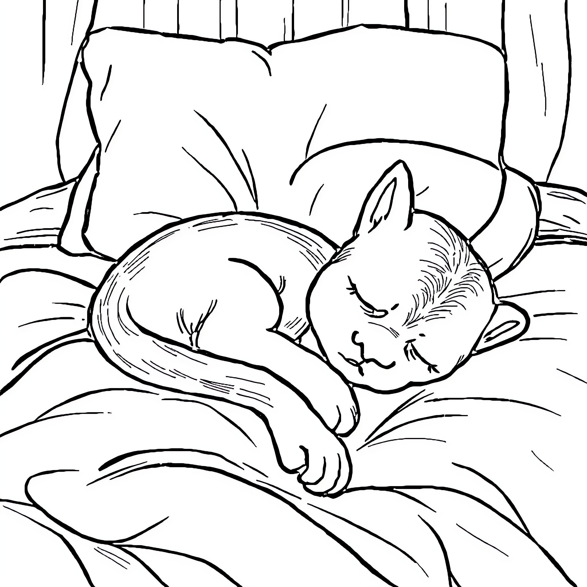 Deepol Sleeping Cat Curled Up on Bed Coloring Page (free black-and-white line drawing printable PDF for all, from beginners to advanced learners, including children, teens, adults, and seniors)