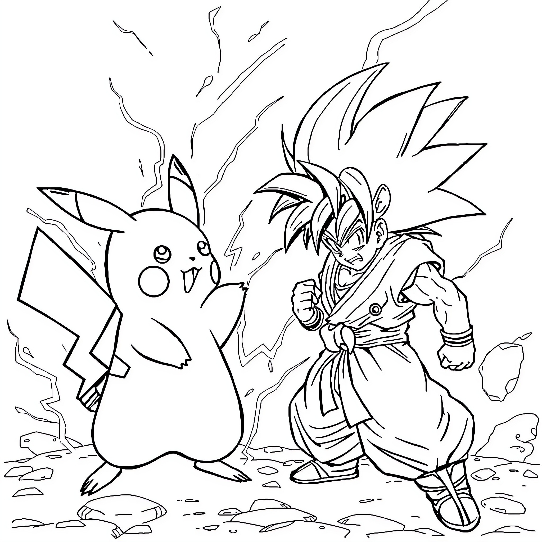 Pikachu facing off against a fierce warrior Coloring Page (free black-and-white line drawing printable PDF for all, from beginners to advanced learners, including children, teens, adults, and seniors)