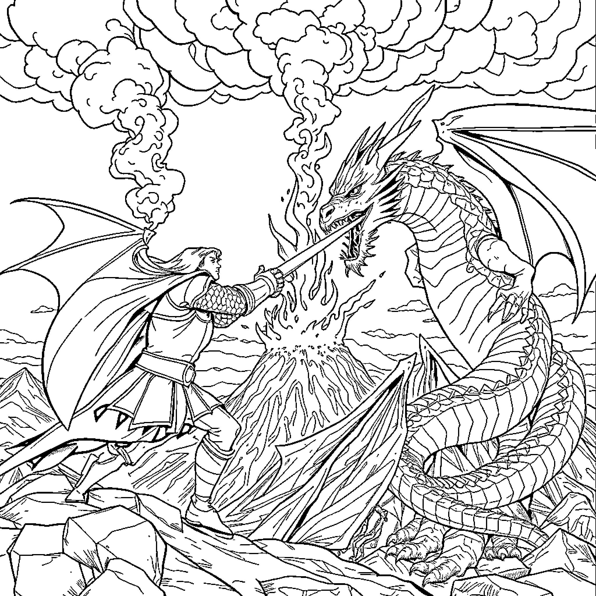 Knight Battling Fearsome Dragon in Dramatic Landscape Coloring Page (free black-and-white line drawing printable PDF for all, from beginners to advanced learners, including children, teens, adults, and seniors)