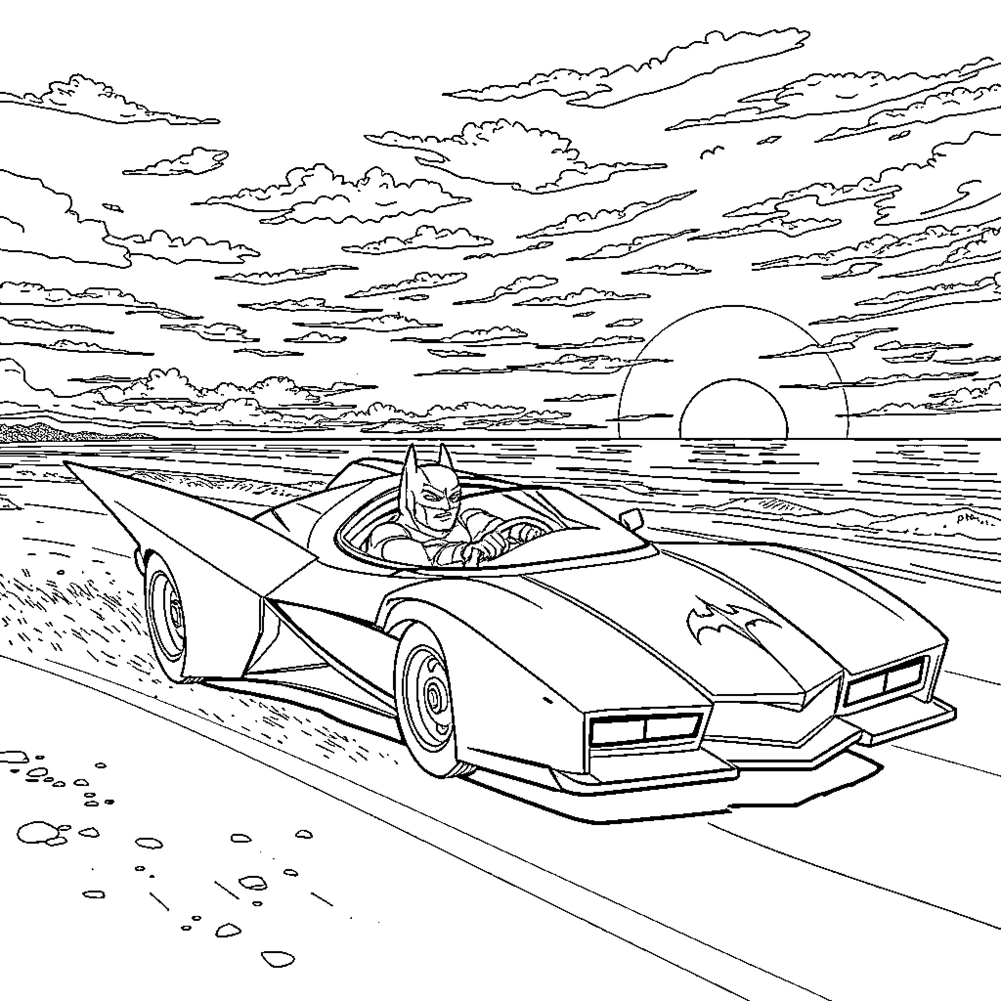 Batman racing his futuristic Batmobile at sunset Coloring Page (free black-and-white line drawing printable PDF for all, from beginners to advanced learners, including children, teens, adults, and seniors)