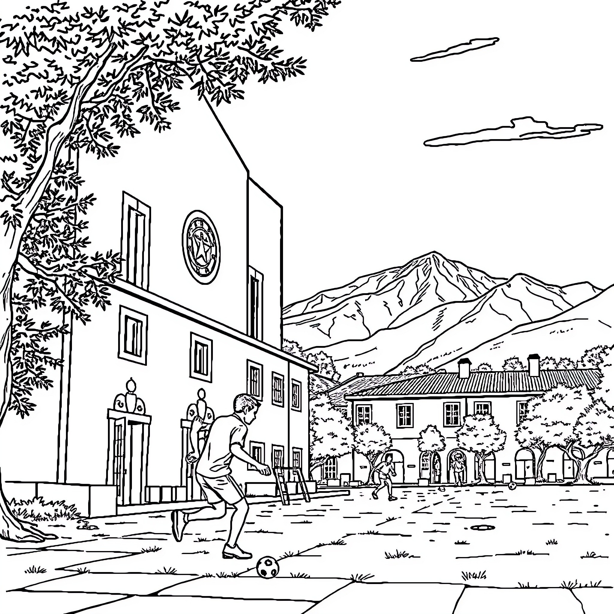 San José de Calasanz: Children playing football near church Coloring Page (free black-and-white line drawing printable PDF for all, from beginners to advanced learners, including children, teens, adults, and seniors)