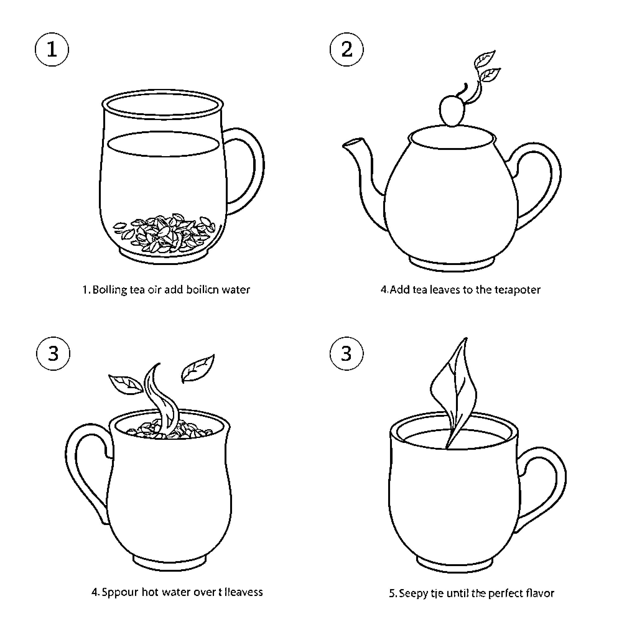 Tea-making process in a simple illustration Coloring Page (free black-and-white line drawing printable PDF for all, from beginners to advanced learners, including children, teens, adults, and seniors)