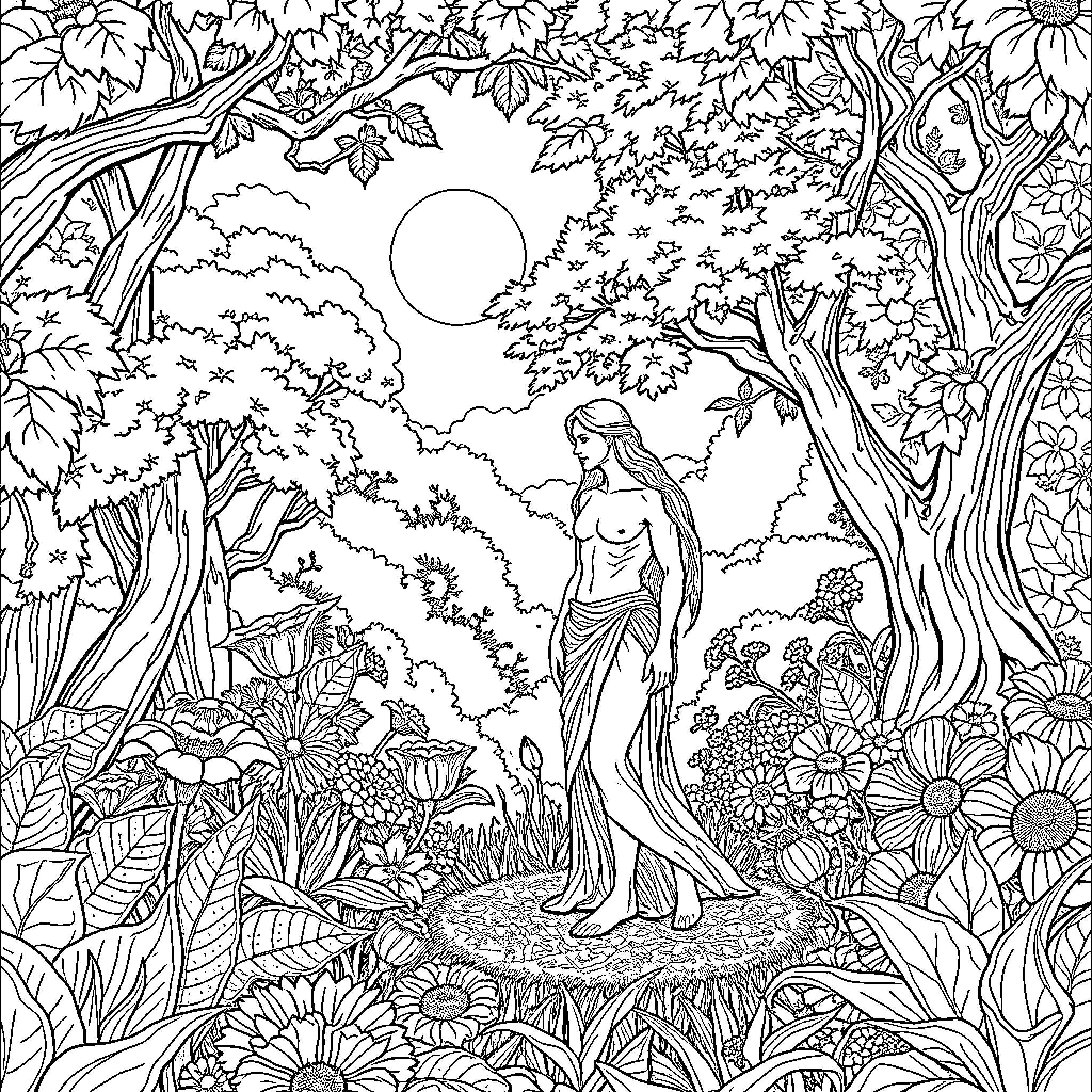 Adam and Eve in the Garden of Eden Coloring Page (free black-and-white line drawing printable PDF for all, from beginners to advanced learners, including children, teens, adults, and seniors)