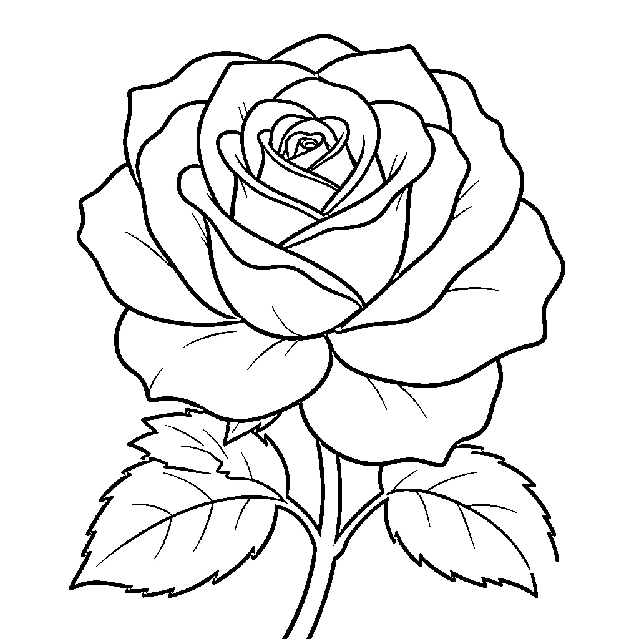 Rose blooming gracefully with delicate petals and leaves Coloring Page (free black-and-white line drawing printable PDF for all, from beginners to advanced learners, including children, teens, adults, and seniors)