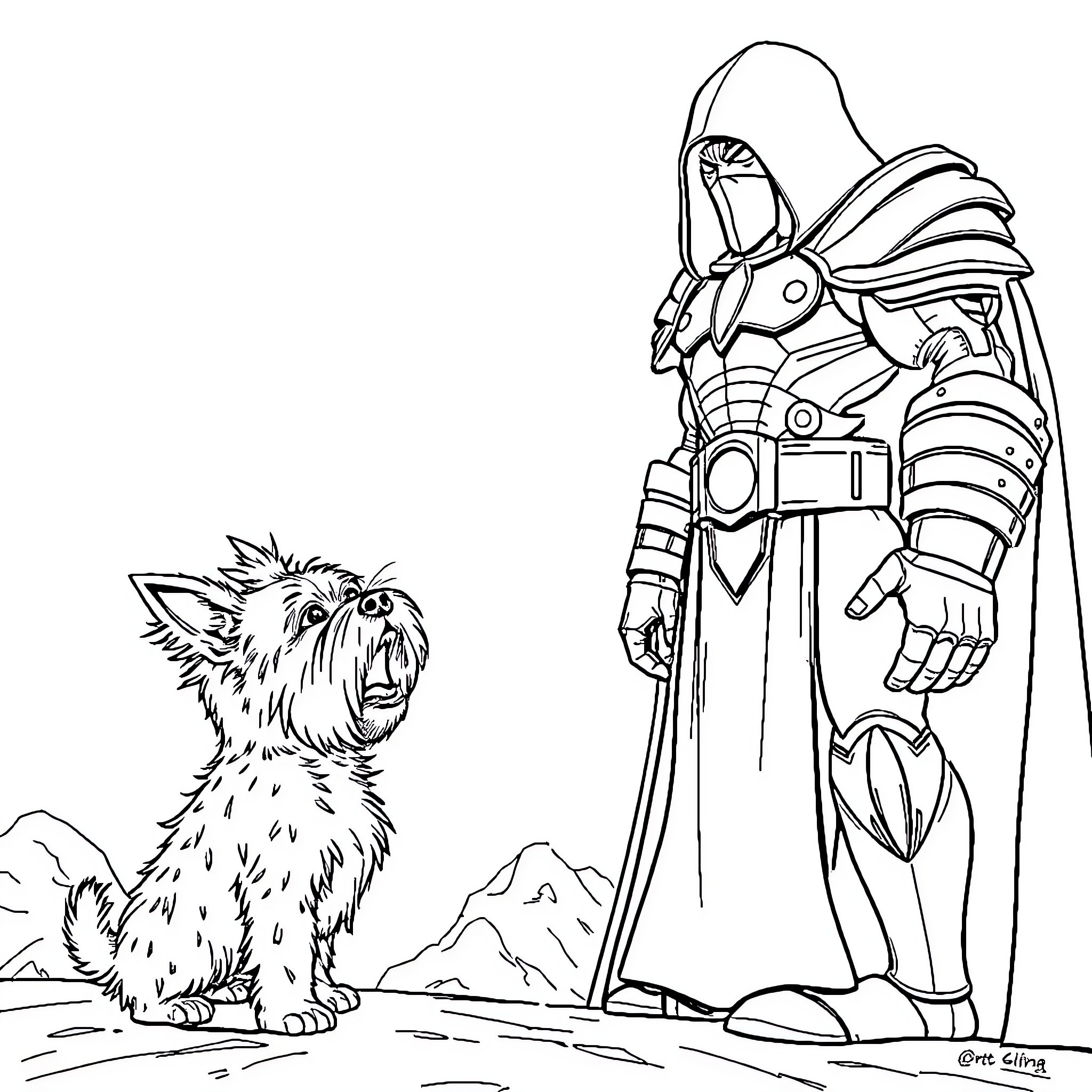 Yorkie and armored warrior in the mountains Coloring Page (free black-and-white line drawing printable PDF for all, from beginners to advanced learners, including children, teens, adults, and seniors)
