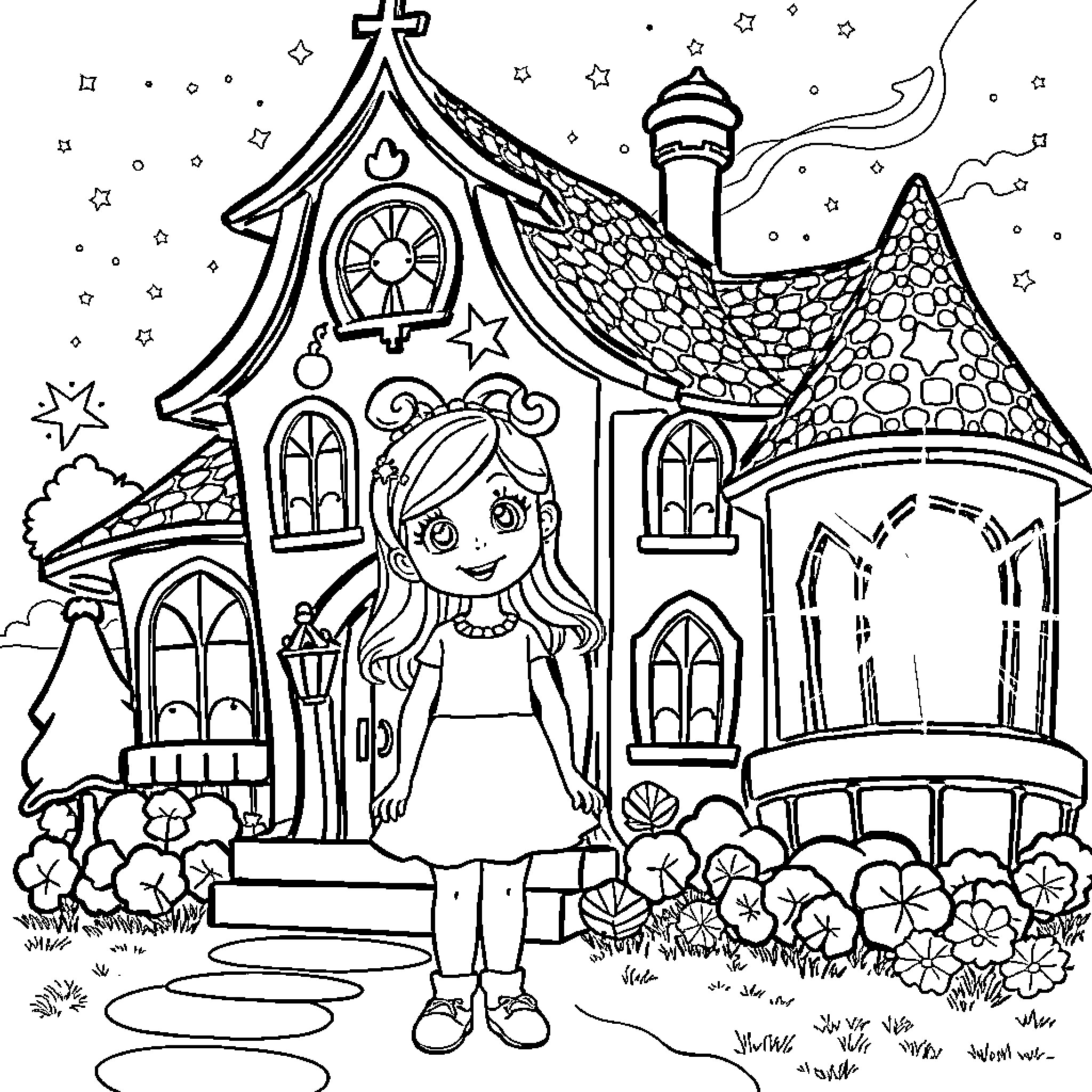 Gaby's Magical Fantasy Castle Adventure Coloring Page (free black-and-white line drawing printable PDF for all, from beginners to advanced learners, including children, teens, adults, and seniors)