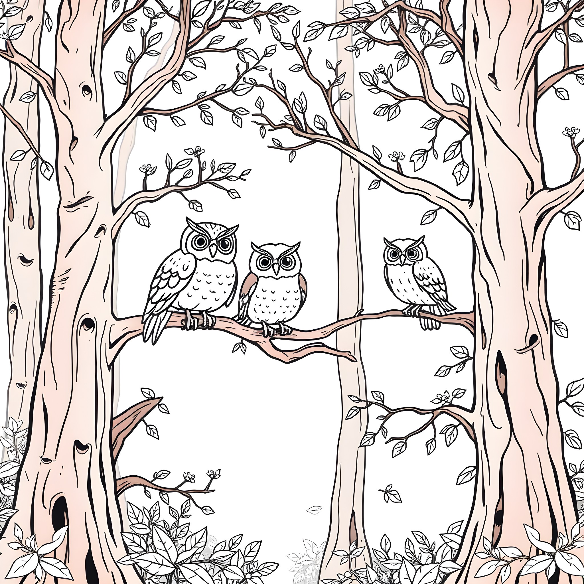 Owl Trio Perched in Enchanted Forest Coloring Page (free black-and-white line drawing printable PDF for all, from beginners to advanced learners, including children, teens, adults, and seniors)