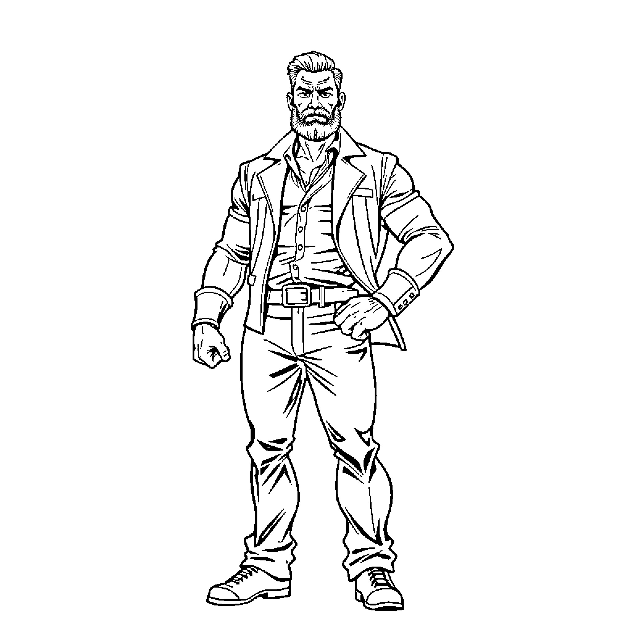 Firmann in rugged attire standing with resolute expression Coloring Page (free black-and-white line drawing printable PDF for all, from beginners to advanced learners, including children, teens, adults, and seniors)