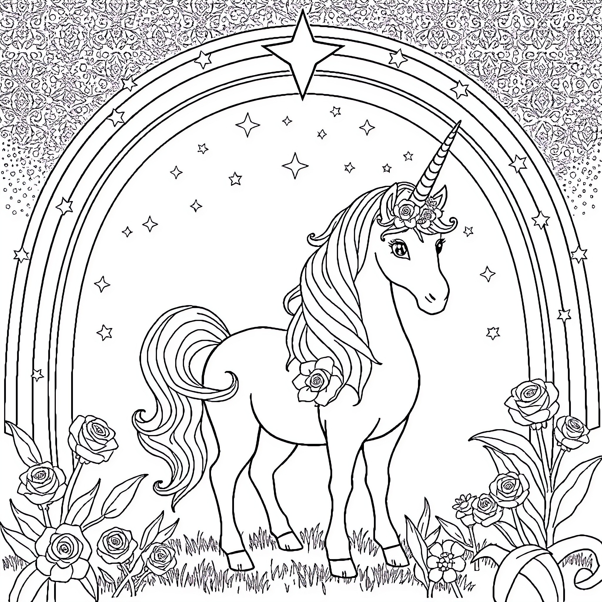 Unicorn standing amidst flowers and stars Coloring Page (free black-and-white line drawing printable PDF for all, from beginners to advanced learners, including children, teens, adults, and seniors)