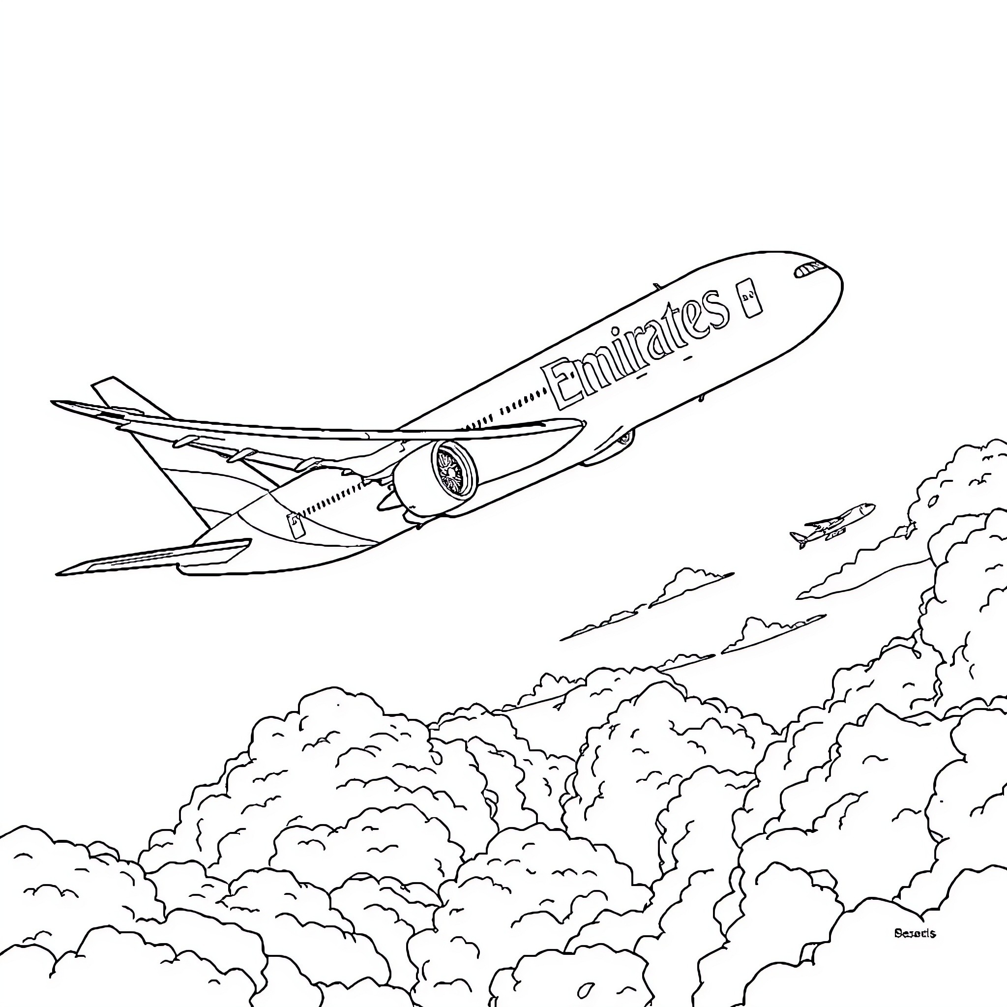 Boeing aircraft ascending through clouds Coloring Page (free black-and-white line drawing printable PDF for all, from beginners to advanced learners, including children, teens, adults, and seniors)