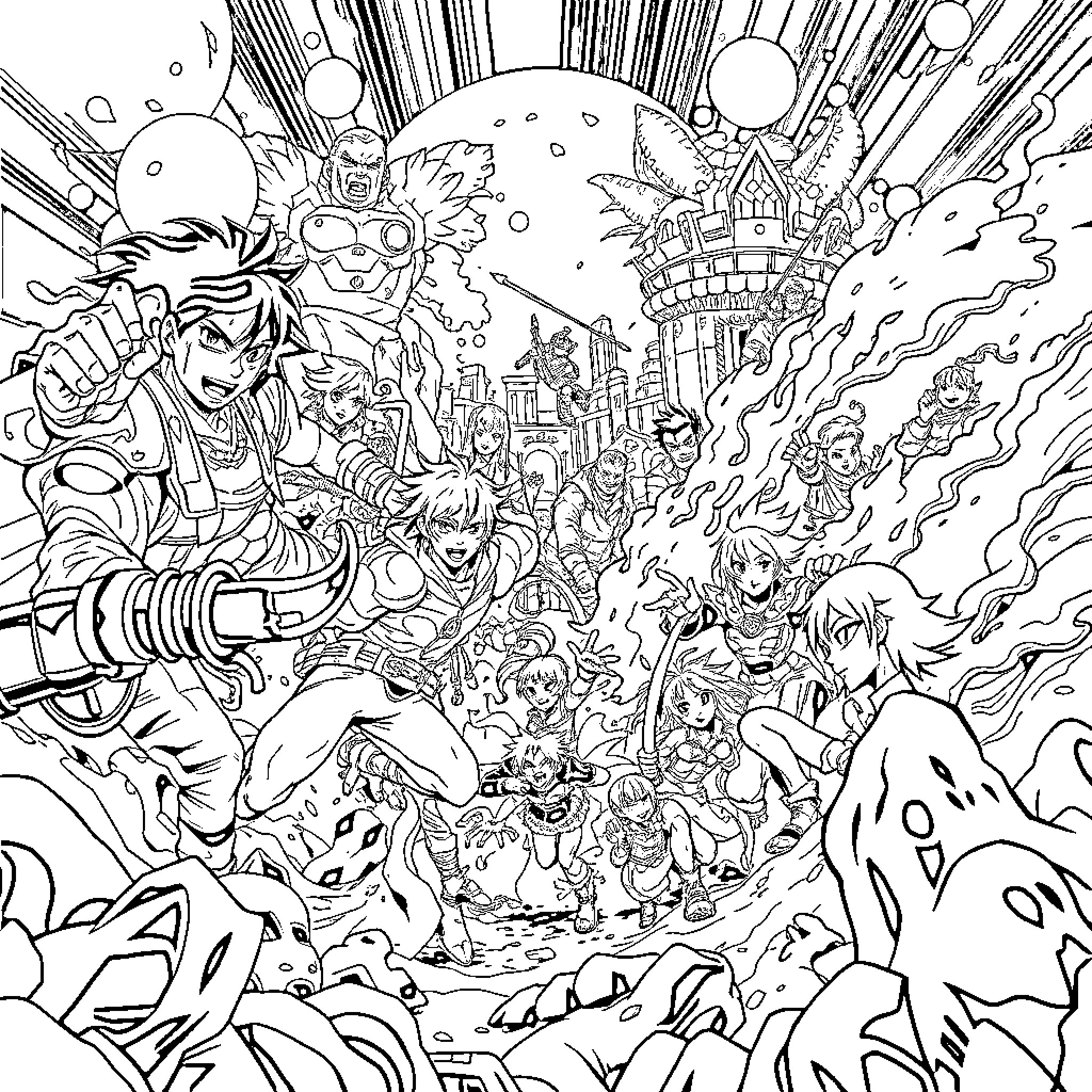 Anime Chaos: Eclectic Characters in Dynamic Surroundings Coloring Page (free black-and-white line drawing printable PDF for all, from beginners to advanced learners, including children, teens, adults, and seniors)