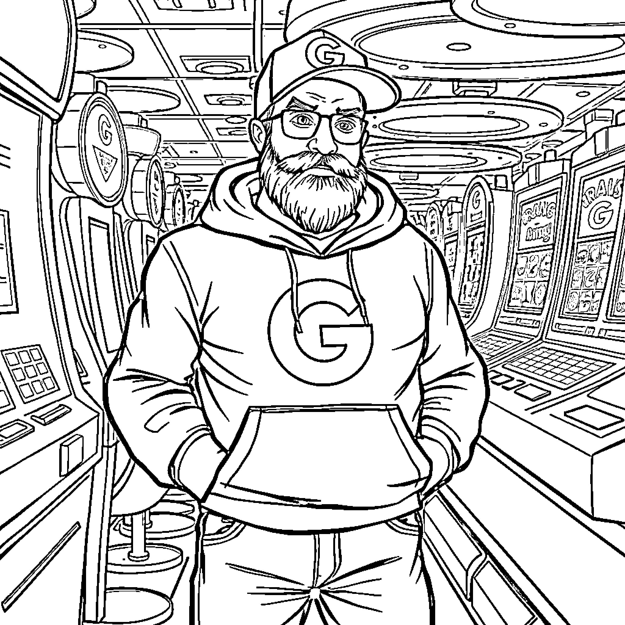 Superhero in Futuristic Tech Workspace Coloring Page (free black-and-white line drawing printable PDF for all, from beginners to advanced learners, including children, teens, adults, and seniors)