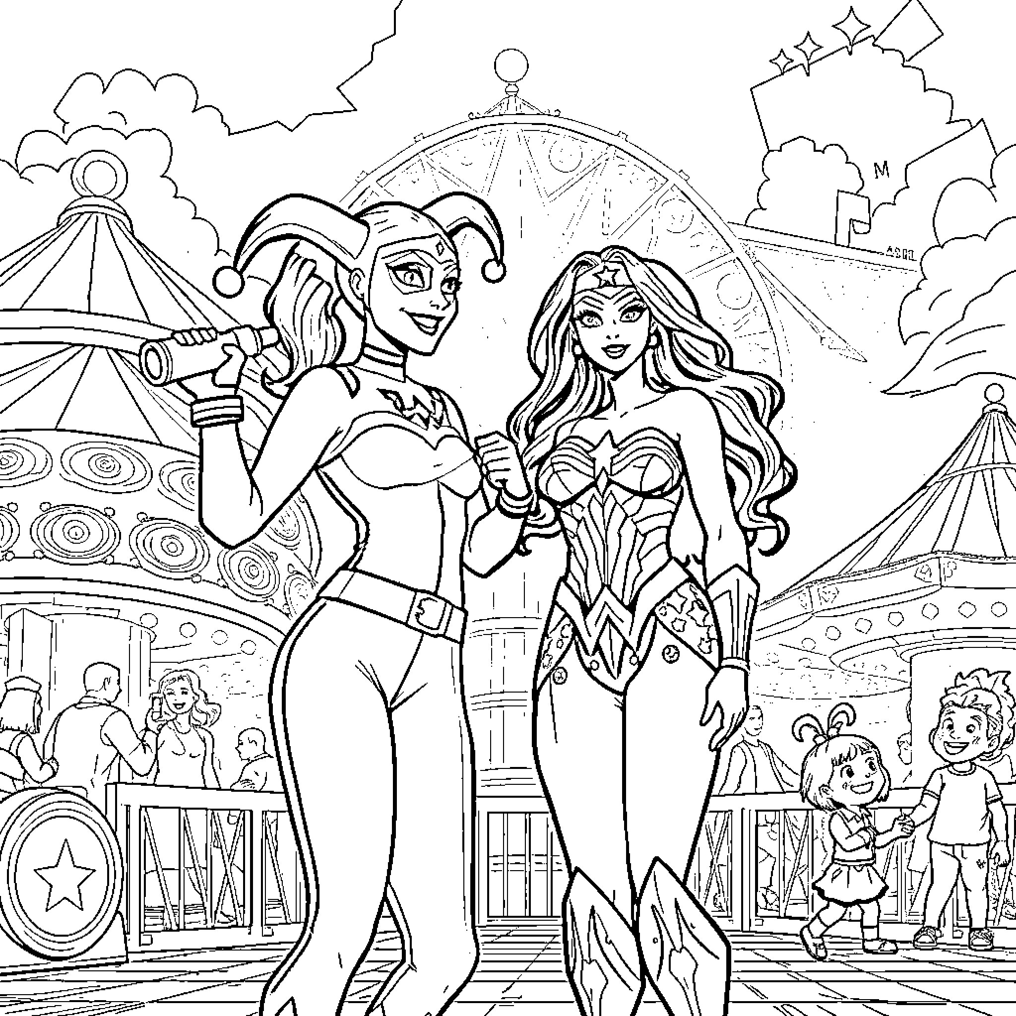 Harley Quinn and Wonder Woman posing at a carnival Coloring Page (free black-and-white line drawing printable PDF for all, from beginners to advanced learners, including children, teens, adults, and seniors)