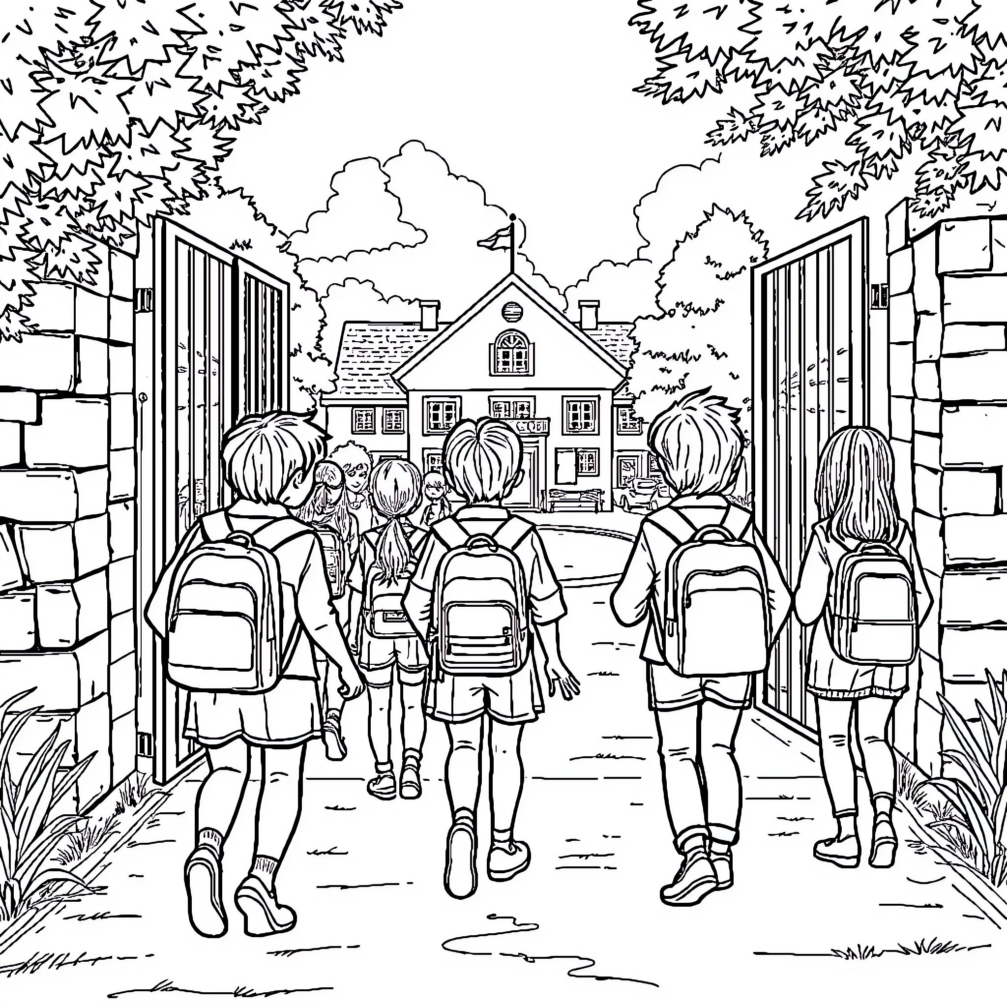 School Students Heading to Class on Campus Coloring Page (free black-and-white line drawing printable PDF for all, from beginners to advanced learners, including children, teens, adults, and seniors)