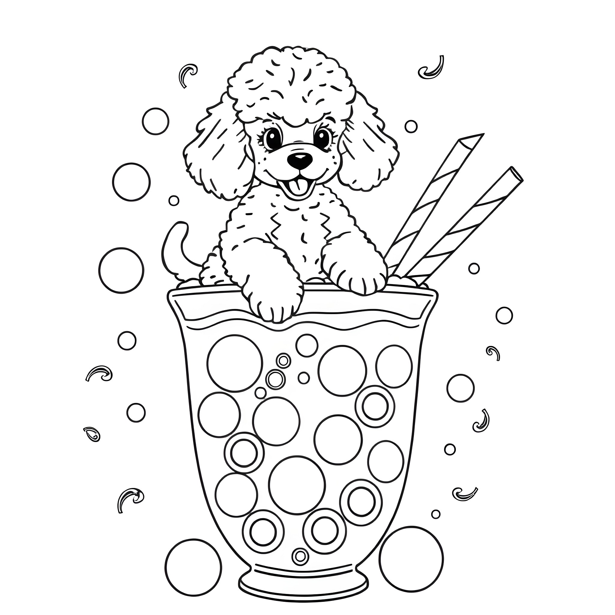 Poodle enjoying a bubble bath Coloring Page (free black-and-white line drawing printable PDF for all, from beginners to advanced learners, including children, teens, adults, and seniors)