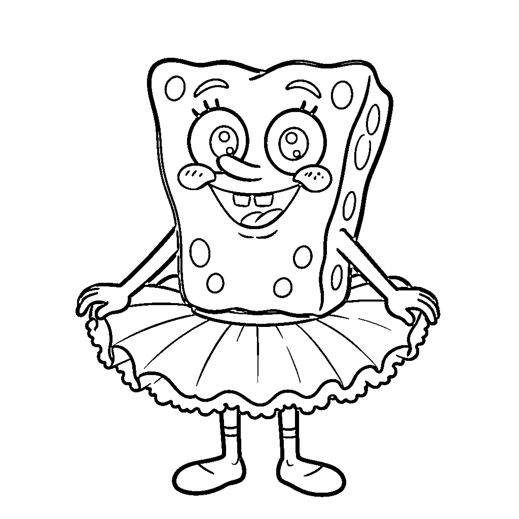 Bob l'éponge wearing a tutu and smiling joyfully Coloring Page (free black-and-white line drawing printable PDF for all, from beginners to advanced learners, including children, teens, adults, and seniors)