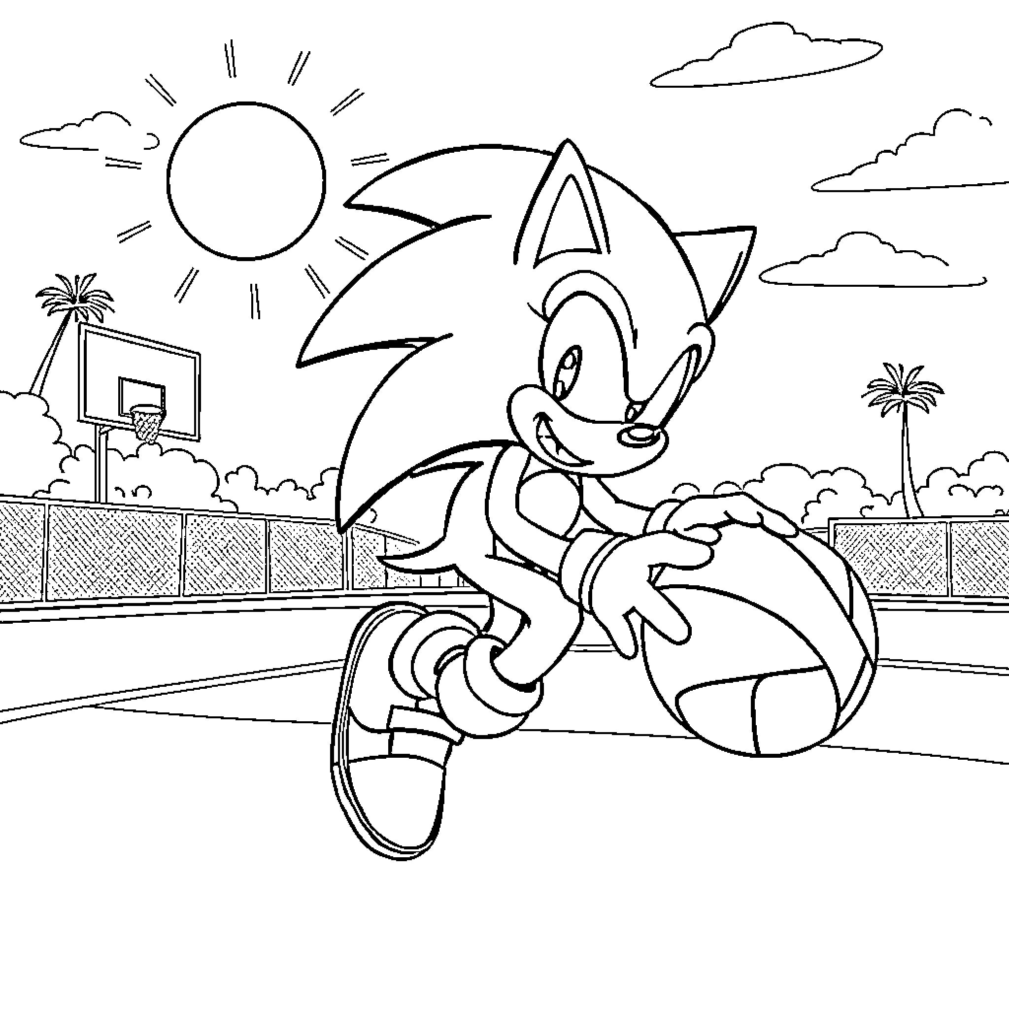 Sonic enjoying a sunny day at the basketball court Coloring Page (free black-and-white line drawing printable PDF for all, from beginners to advanced learners, including children, teens, adults, and seniors)
