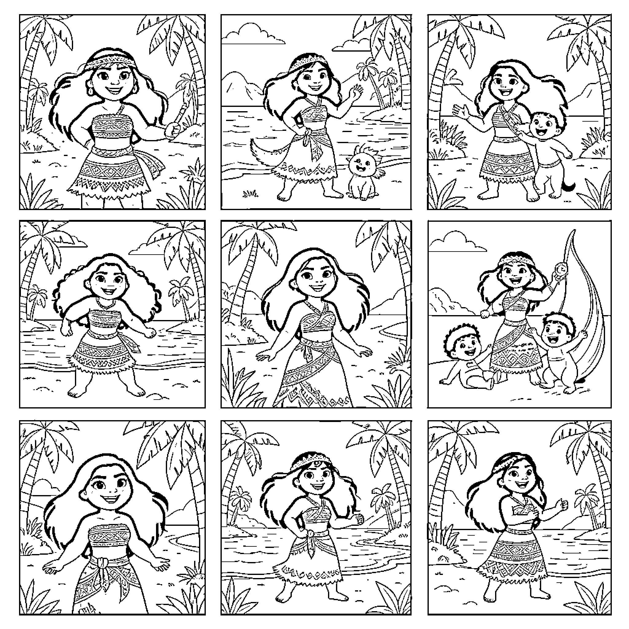 Moana's Tropical Adventure Coloring Page (free black-and-white line drawing printable PDF for all, from beginners to advanced learners, including children, teens, adults, and seniors)