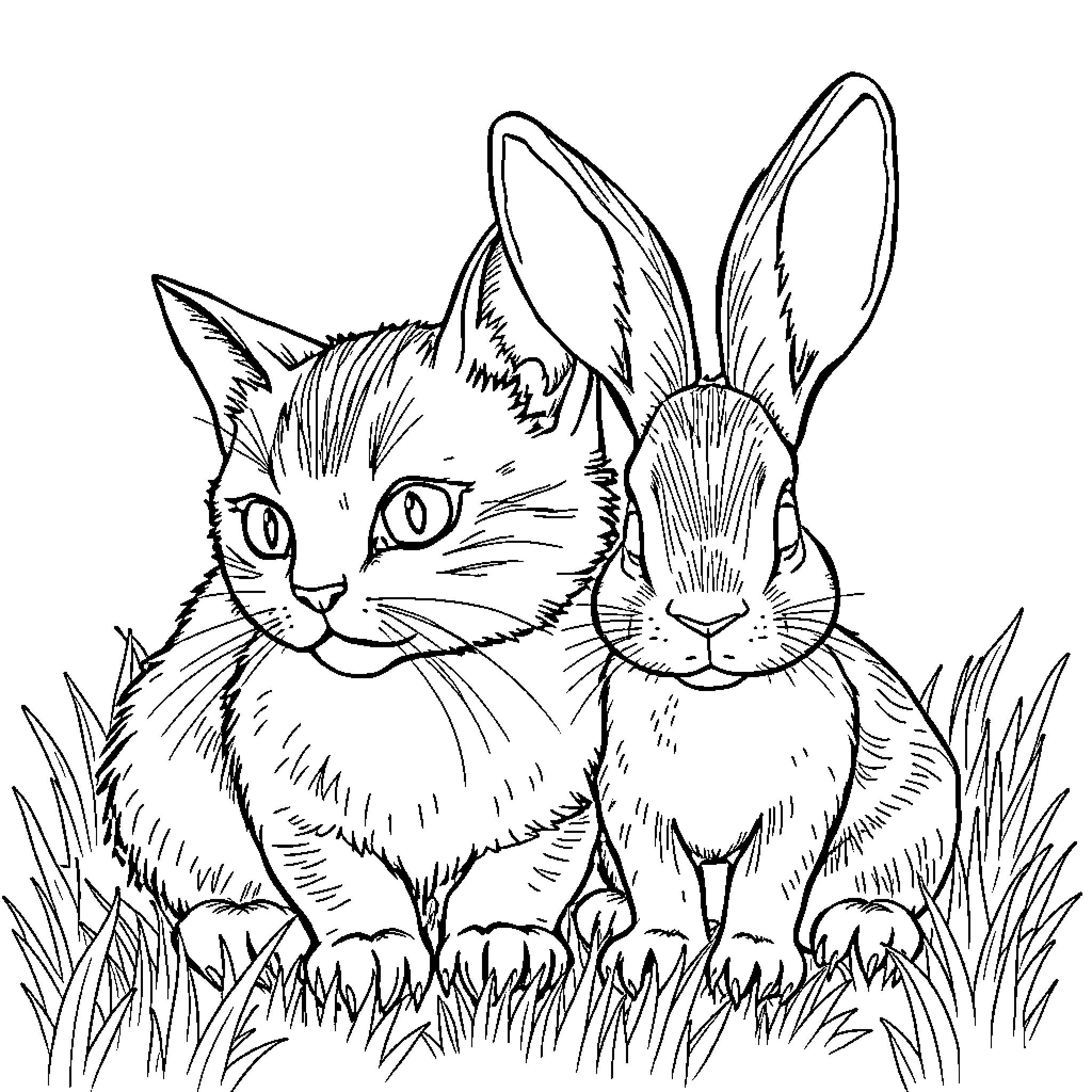 Cat and Rabbit in Grass Coloring Page (free black-and-white line drawing printable PDF for all, from beginners to advanced learners, including children, teens, adults, and seniors)