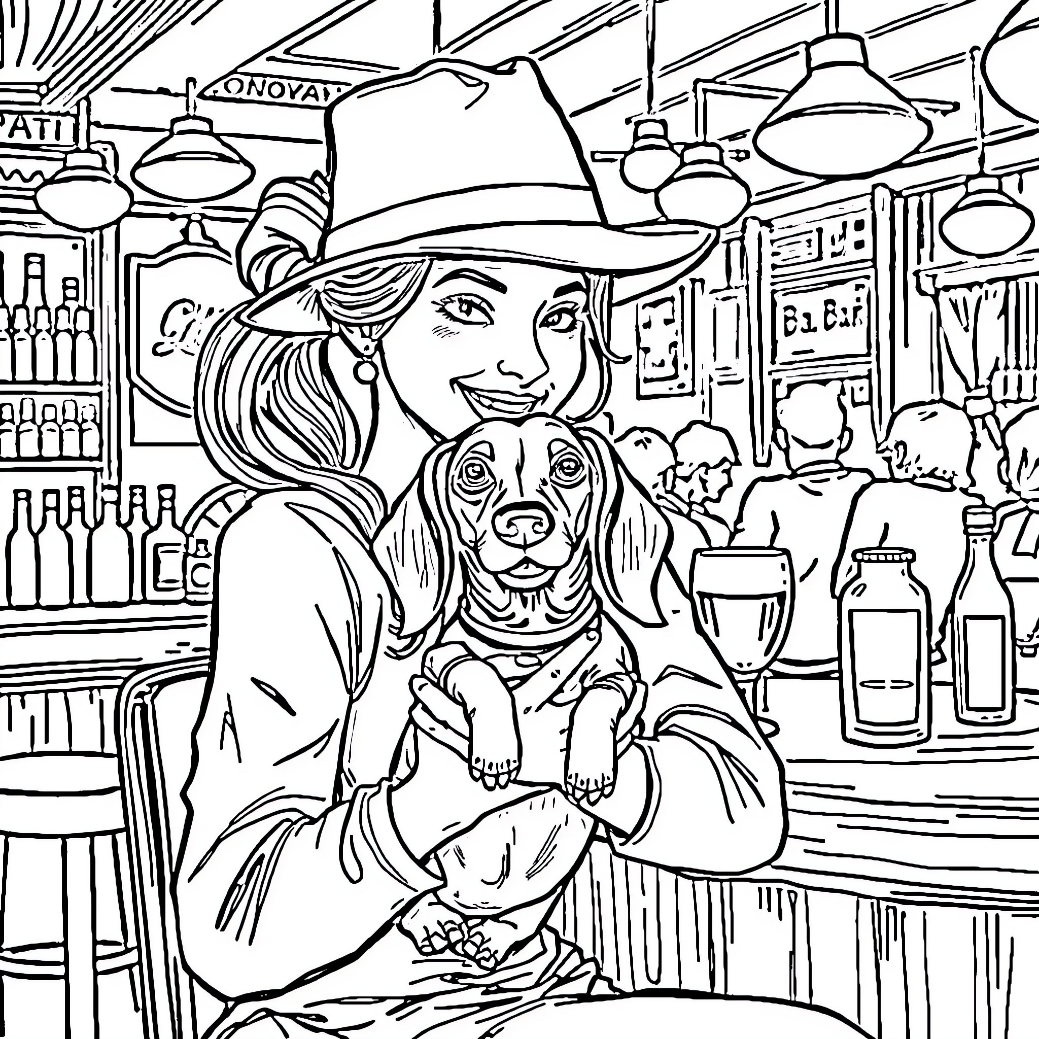 Woman with dog in western-style saloon Coloring Page (free black-and-white line drawing printable PDF for all, from beginners to advanced learners, including children, teens, adults, and seniors)