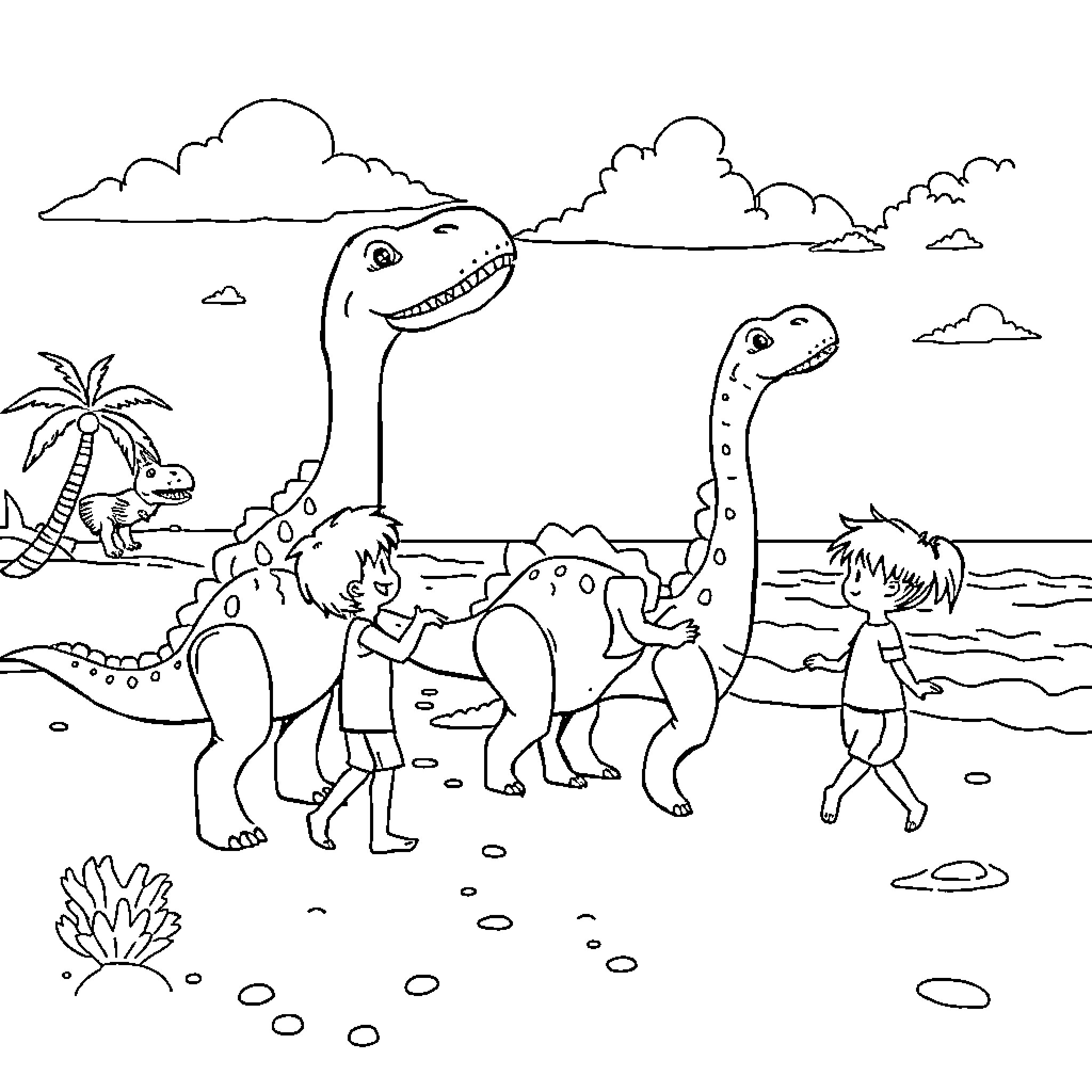 Dinosaurs exploring a tropical landscape Coloring Page (free black-and-white line drawing printable PDF for all, from beginners to advanced learners, including children, teens, adults, and seniors)