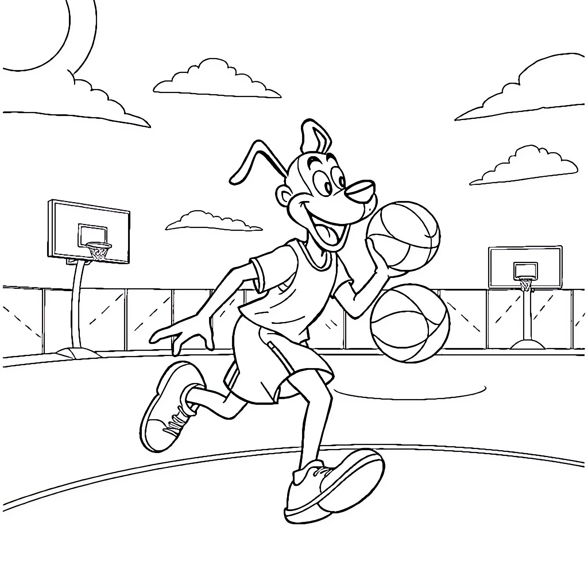 Django playing basketball with joy on the court Coloring Page (free black-and-white line drawing printable PDF for all, from beginners to advanced learners, including children, teens, adults, and seniors)