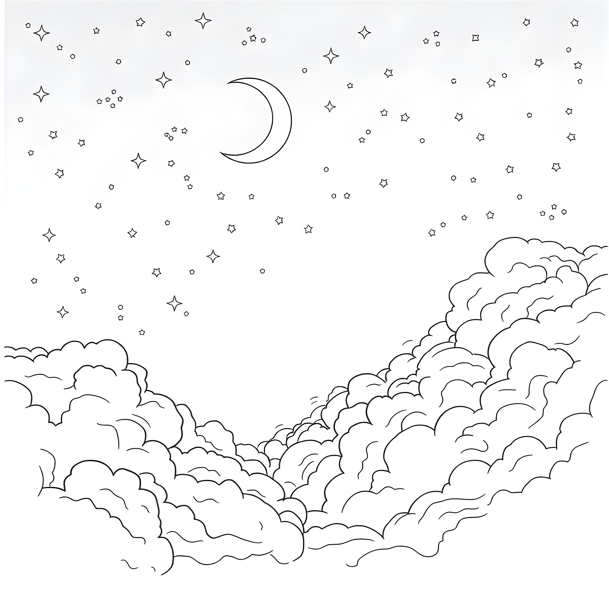 Moon and Starry Night Sky Amidst Clouds Coloring Page (free black-and-white line drawing printable PDF for all, from beginners to advanced learners, including children, teens, adults, and seniors)