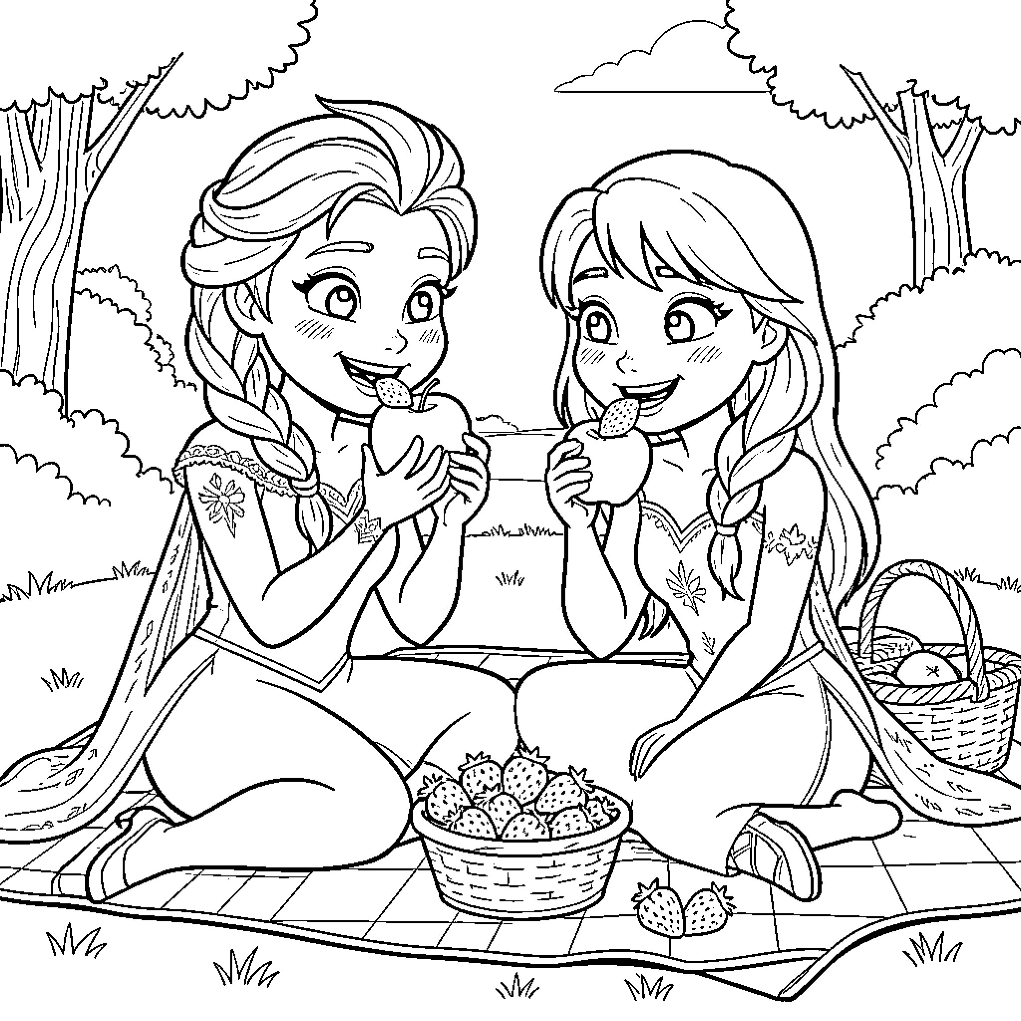 Elsa and Anna's Picnic Adventure Coloring Page (free black-and-white line drawing printable PDF for all, from beginners to advanced learners, including children, teens, adults, and seniors)