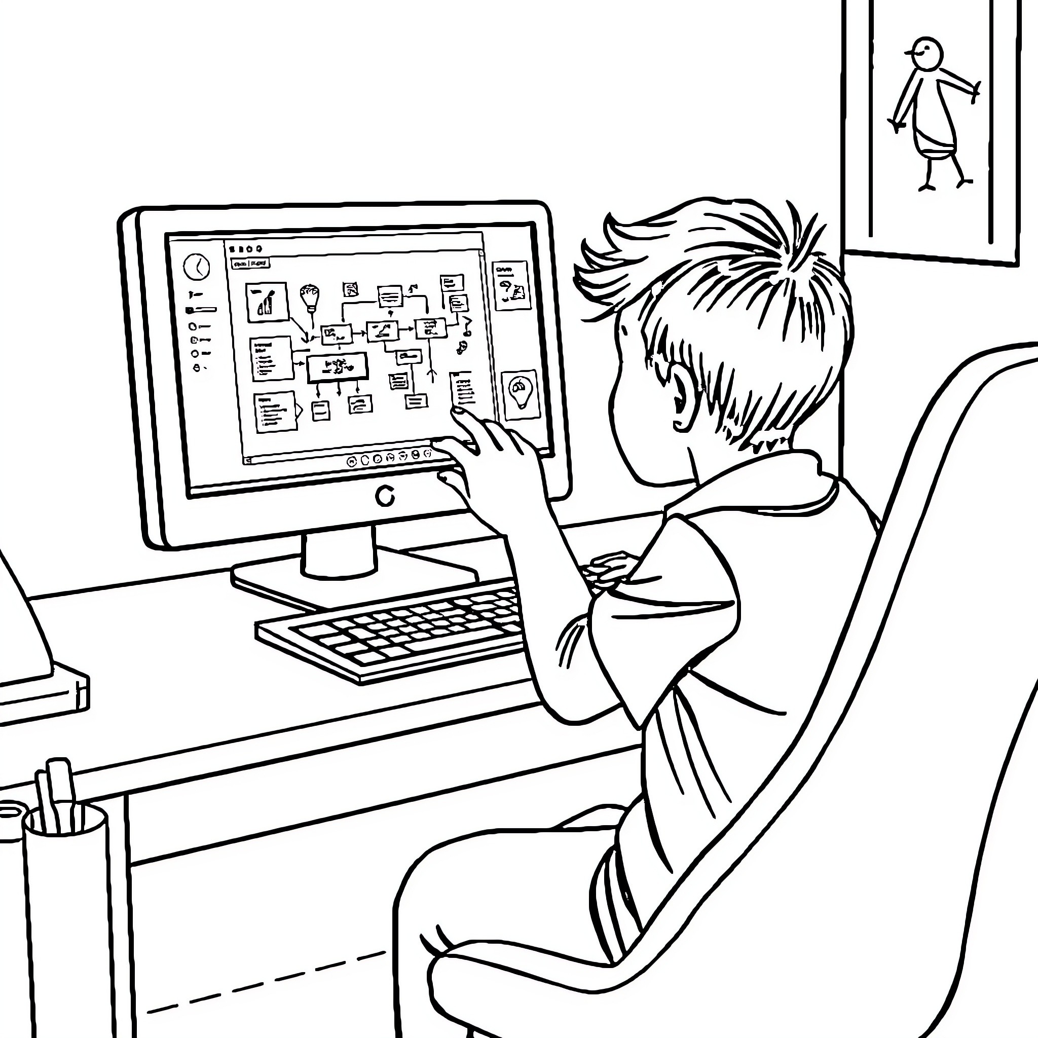 Boy working diligently on computer at desk Coloring Page (free black-and-white line drawing printable PDF for all, from beginners to advanced learners, including children, teens, adults, and seniors)