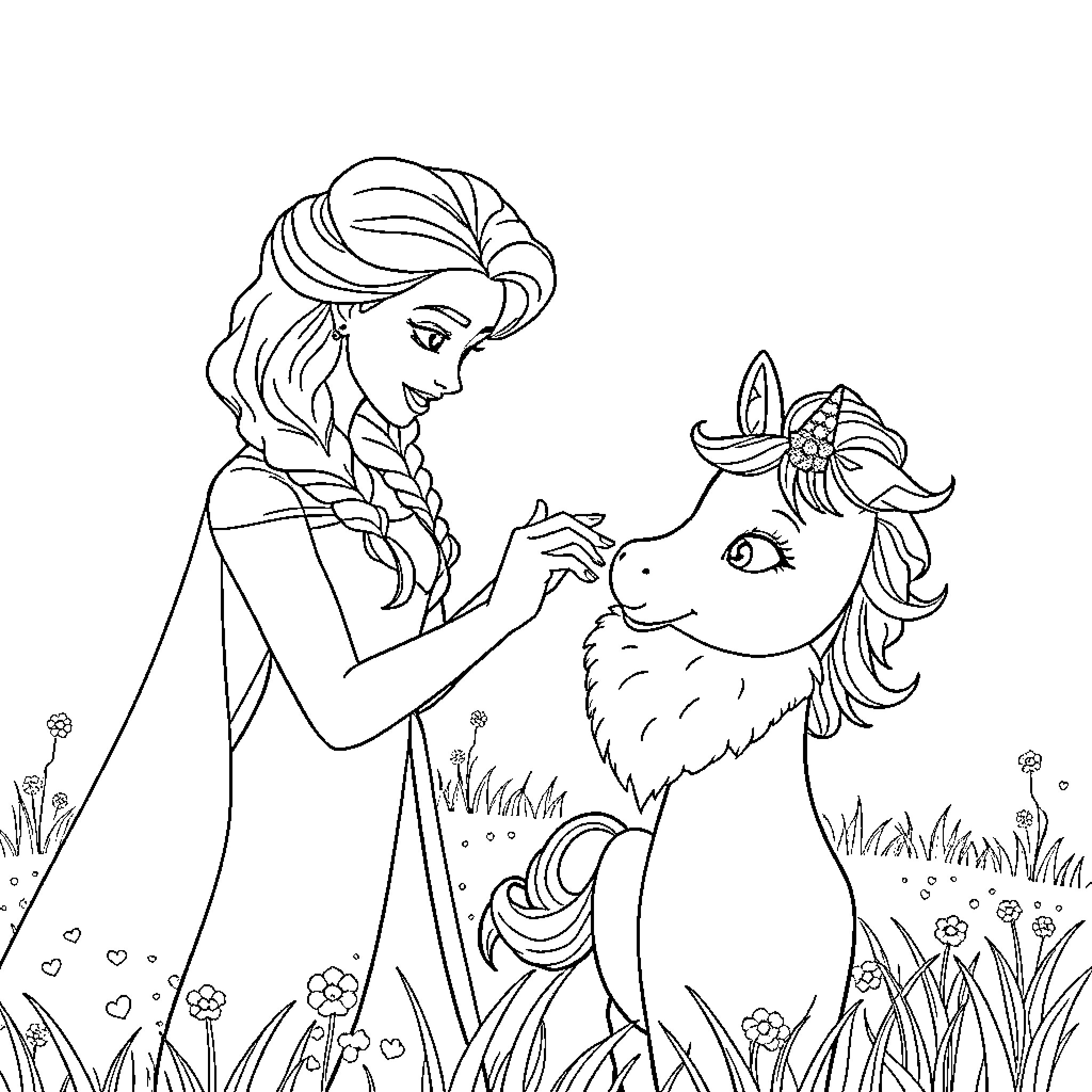 Elsa Interacting Cheerfully with a Magical Companion Coloring Page (free black-and-white line drawing printable PDF for all, from beginners to advanced learners, including children, teens, adults, and seniors)