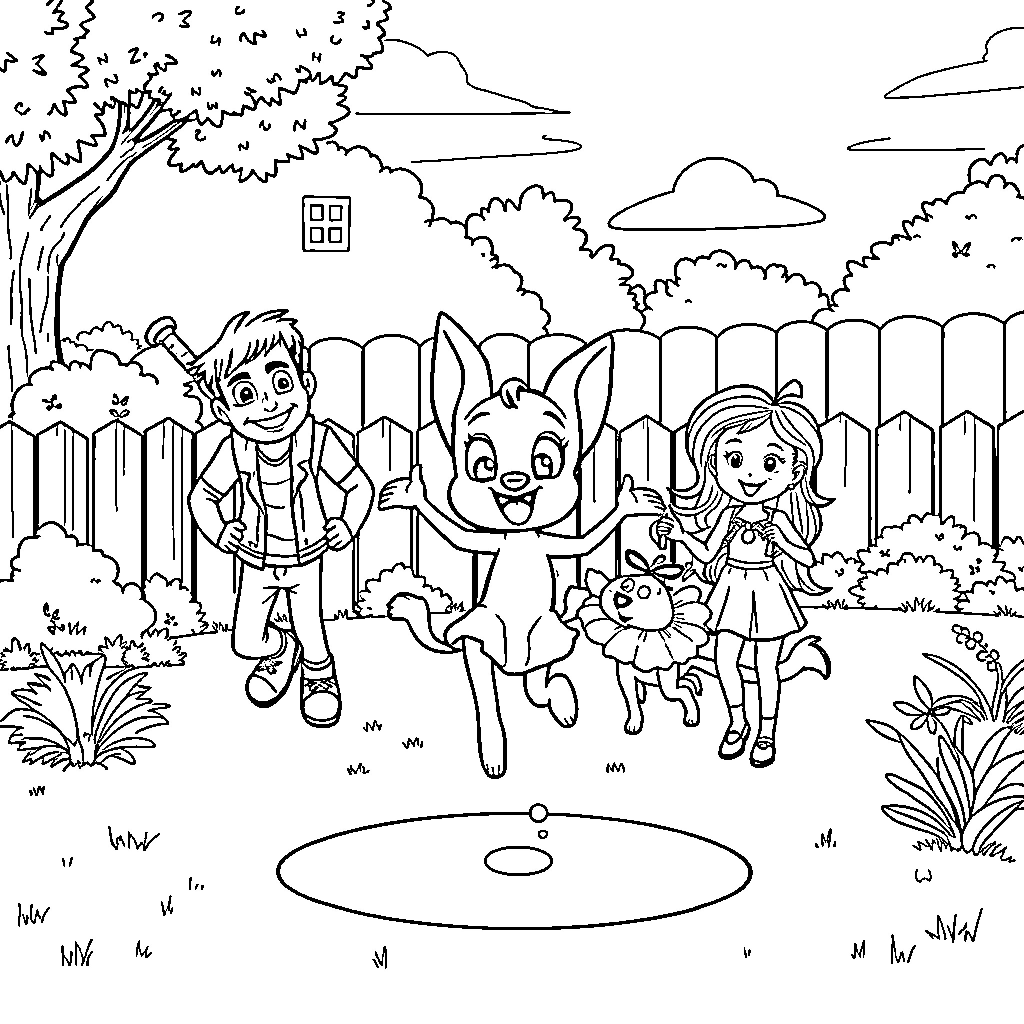 Bluey's Backyard Adventure with Friends Coloring Page (free black-and-white line drawing printable PDF for all, from beginners to advanced learners, including children, teens, adults, and seniors)