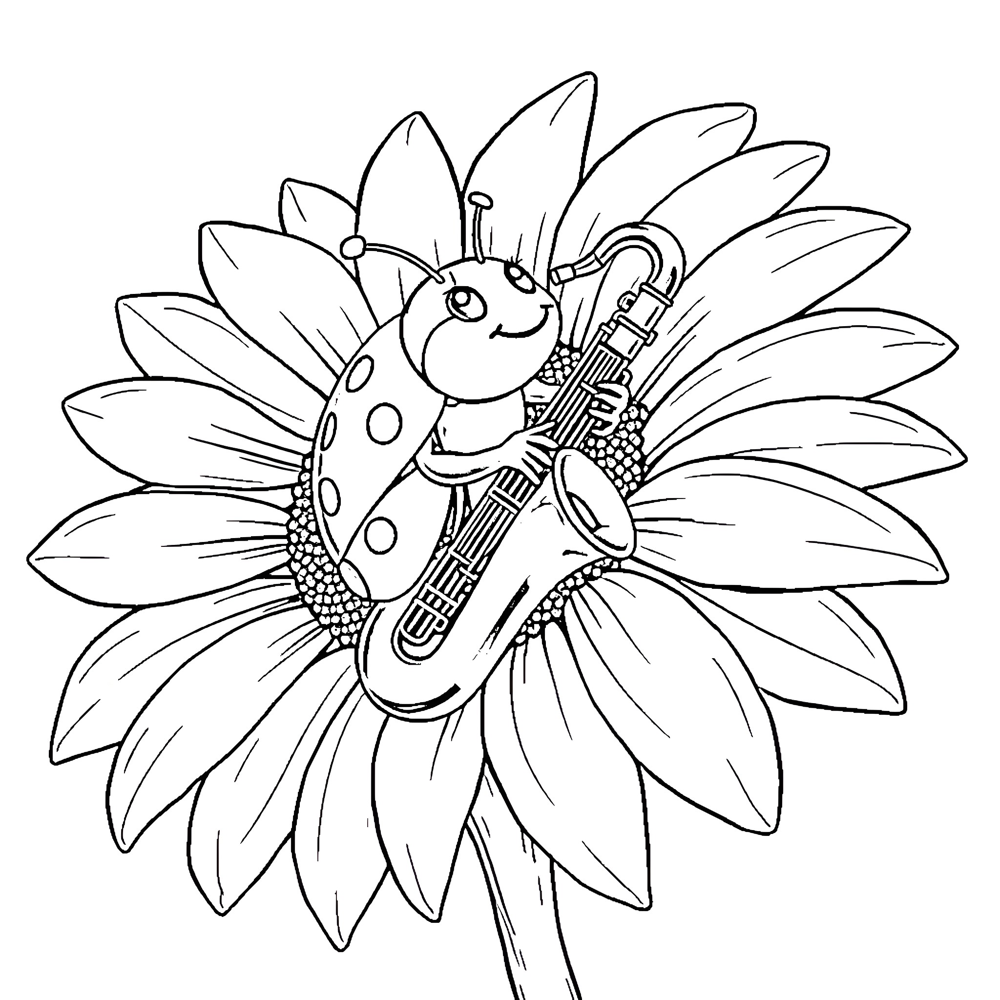 Ladybug playing with a saxophone on a sunflower Coloring Page (free black-and-white line drawing printable PDF for all, from beginners to advanced learners, including children, teens, adults, and seniors)