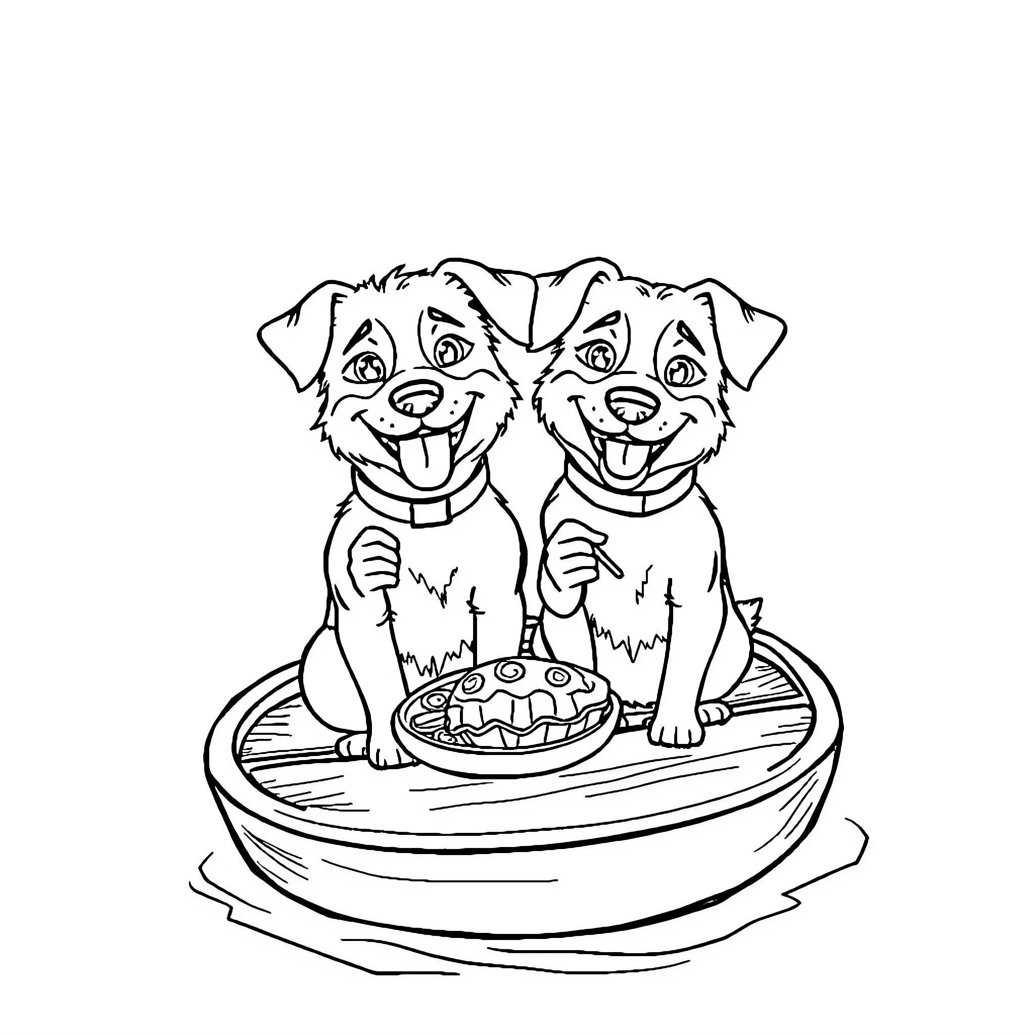 Dog sharing a tasty treat together Coloring Page (free black-and-white line drawing printable PDF for all, from beginners to advanced learners, including children, teens, adults, and seniors)