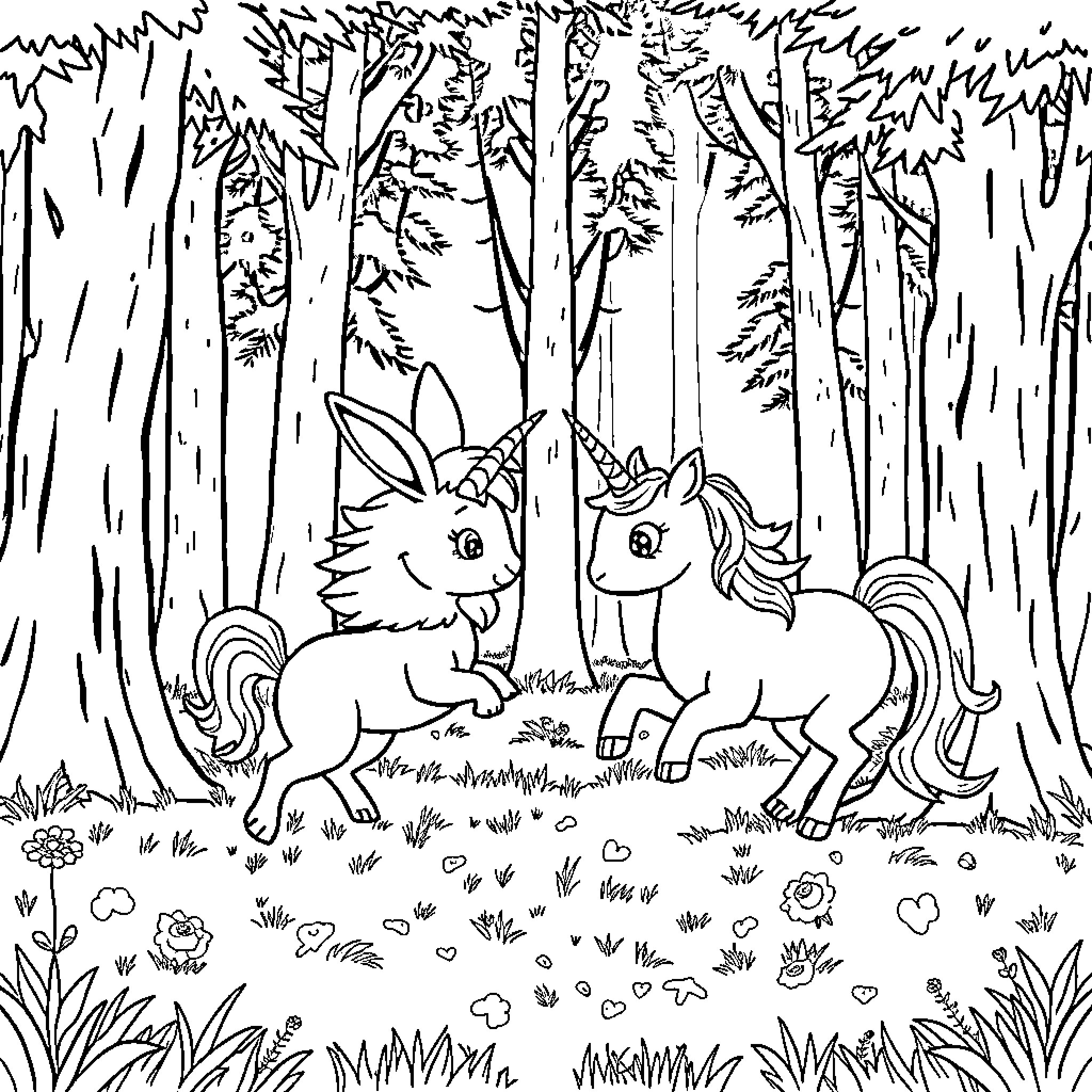 Bunny and Unicorn in Enchanted Forest Coloring Page (free black-and-white line drawing printable PDF for all, from beginners to advanced learners, including children, teens, adults, and seniors)