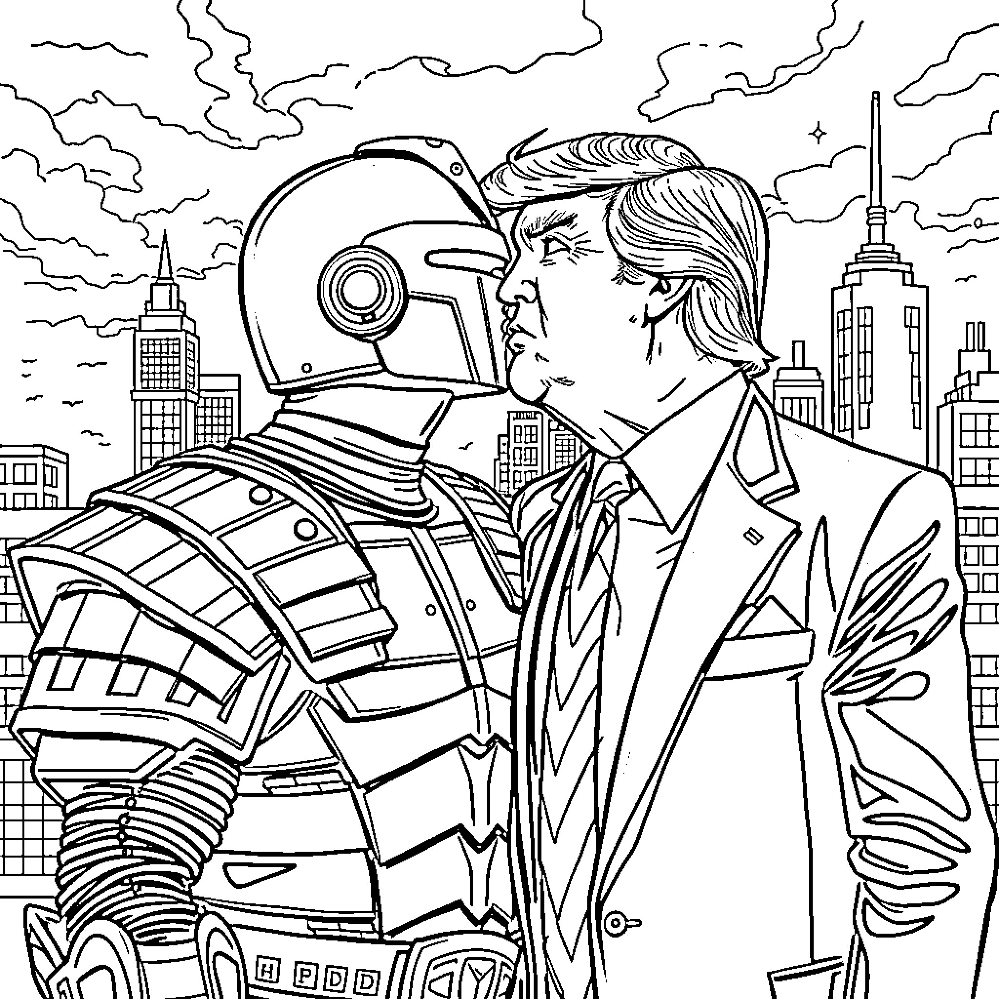 Judge Dredd confronting a futuristic criminal in the city Coloring Page (free black-and-white line drawing printable PDF for all, from beginners to advanced learners, including children, teens, adults, and seniors)