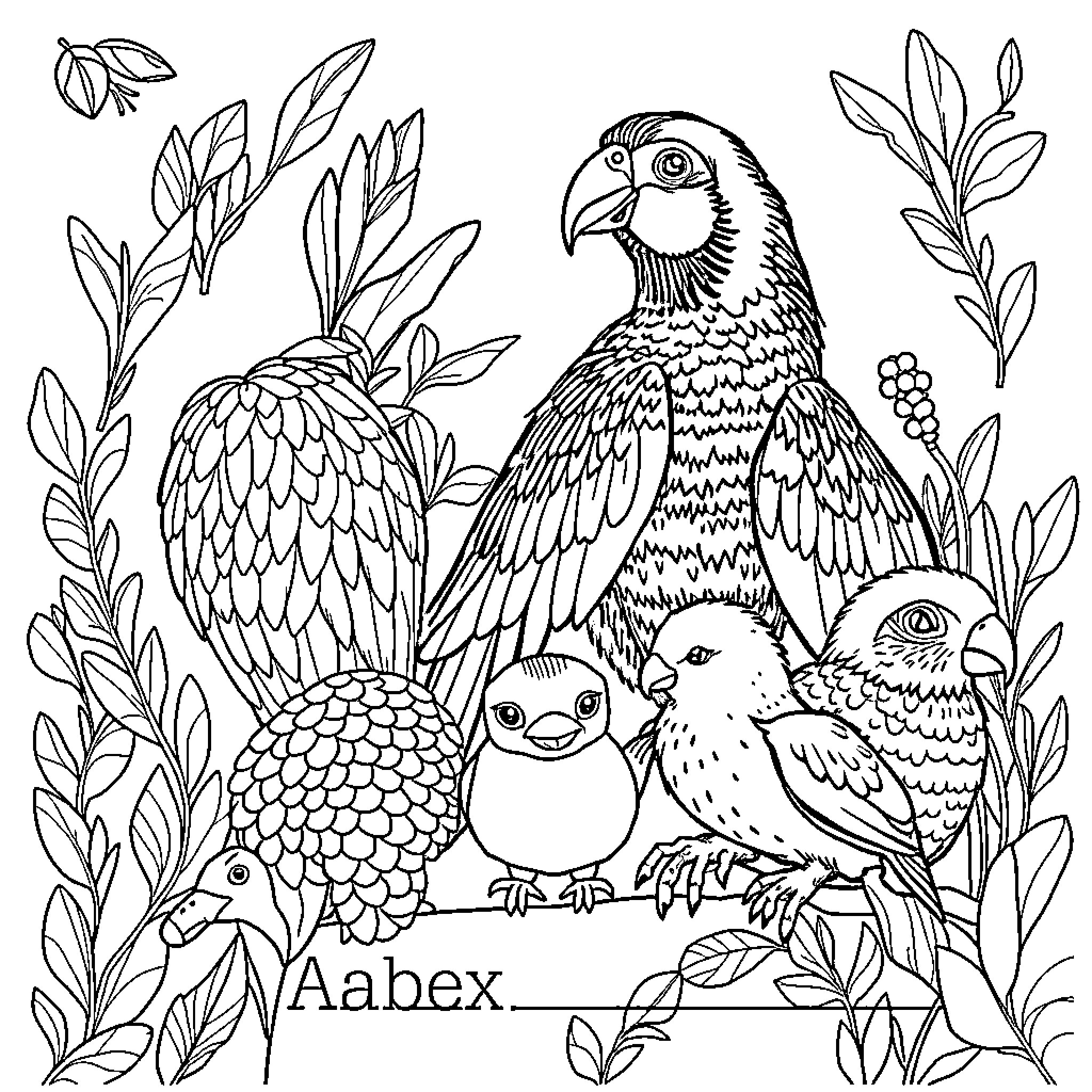 Animal friends in a lush natural scene Coloring Page (free black-and-white line drawing printable PDF for all, from beginners to advanced learners, including children, teens, adults, and seniors)